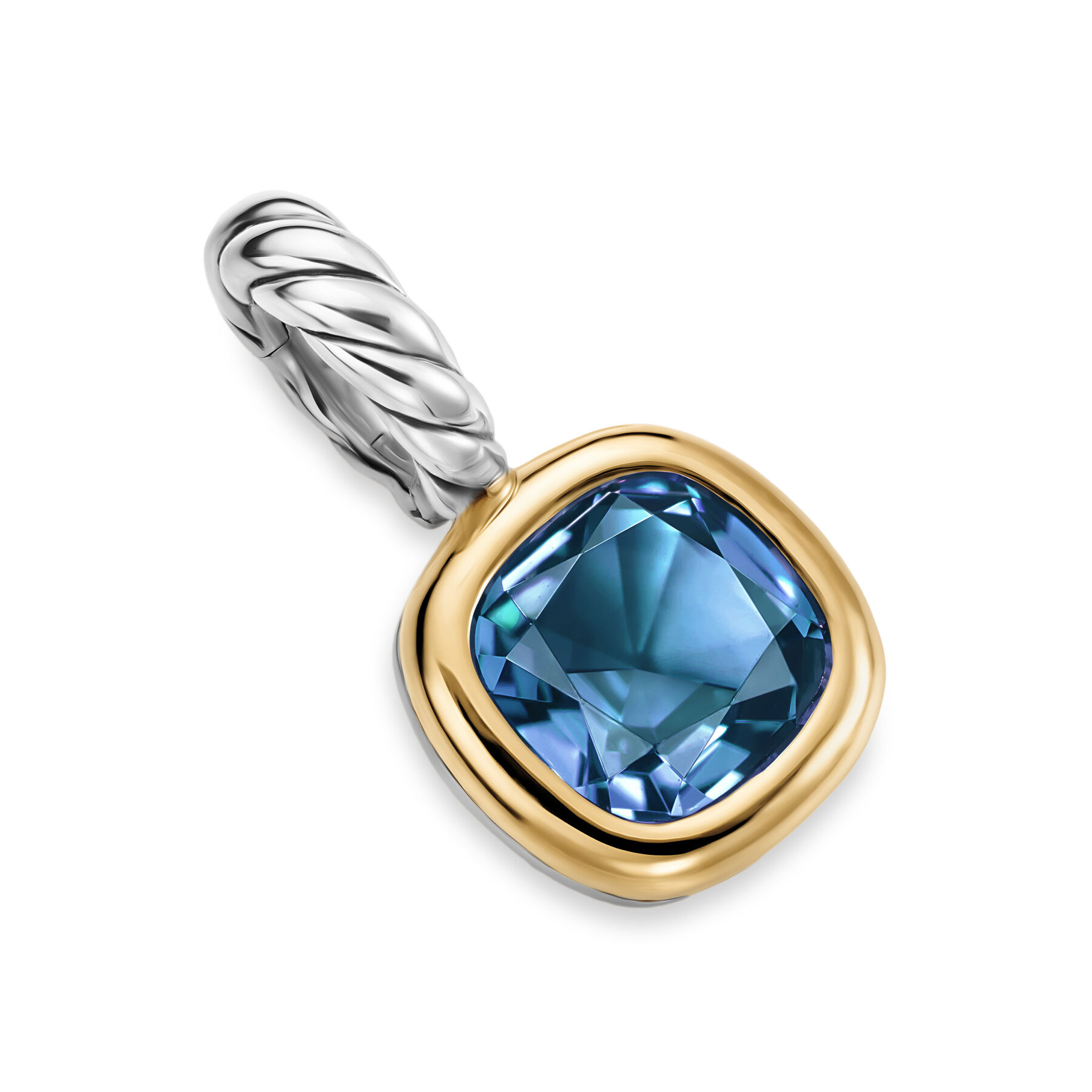 David Yurman Mini Cushion Cut Amulet in Sterling Silver with 14K Yellow Gold and Hampton Blue Topaz 55mm 395$