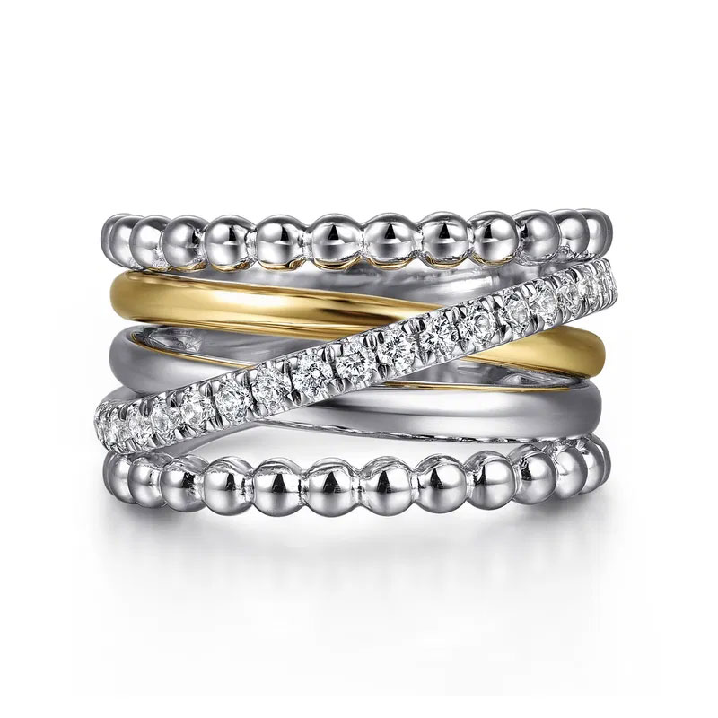Gabriel & Co. Women's  White Sapphire Sterling Silver and 14k Yellow Gold Bujukan Wide Band Ring  Ring Size 6.5