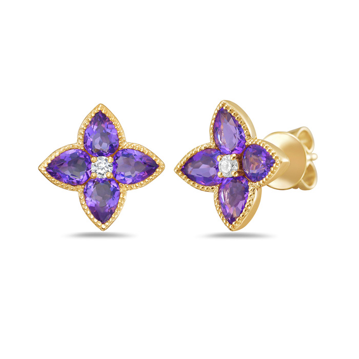 Bassali Amethyst and 120ctw Diamond 14k Yellow Gold Flower Stud Earrings 1295$
