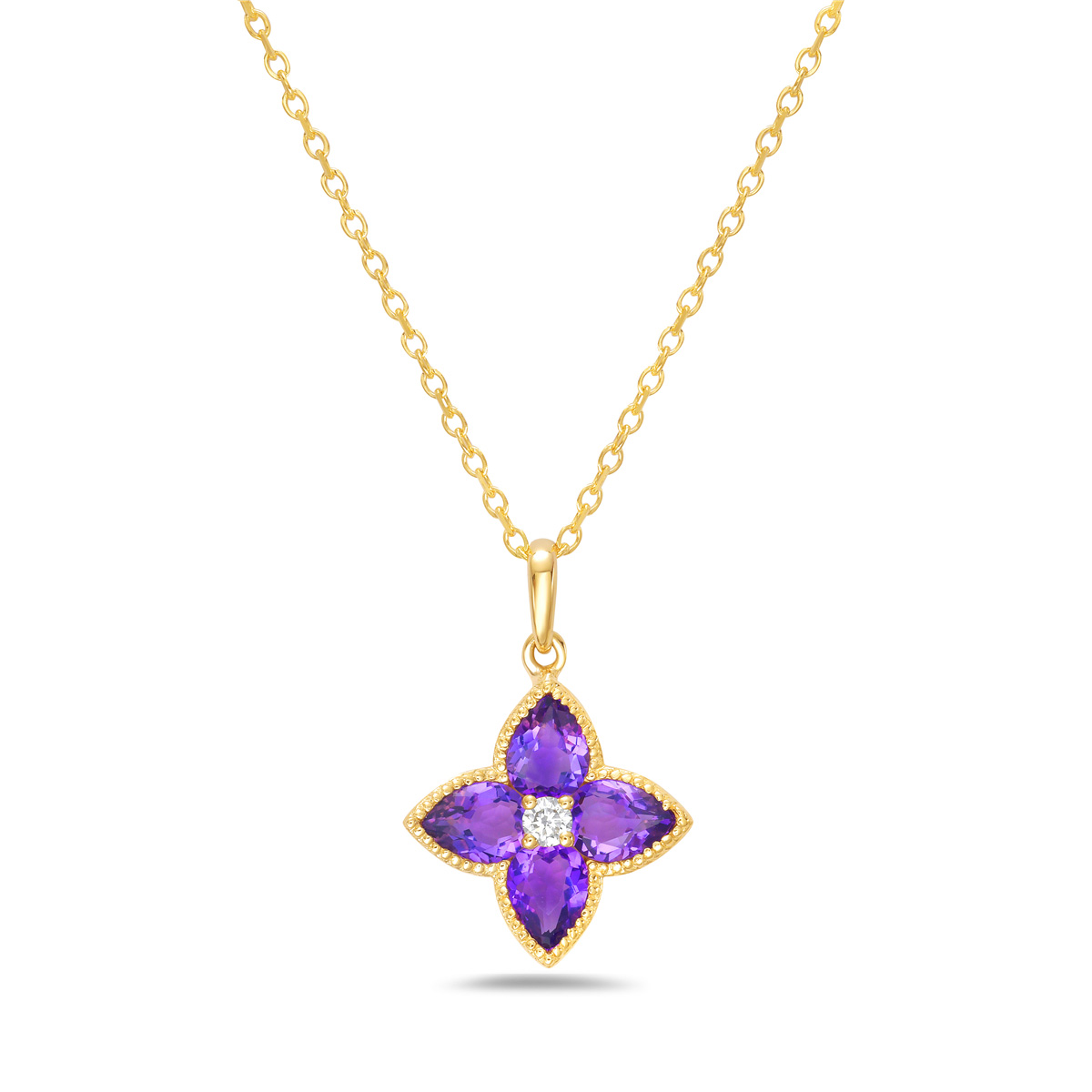 Bassali  Amethyst and Diamond Accent 14k Yellow Gold Flower Pendant Necklace