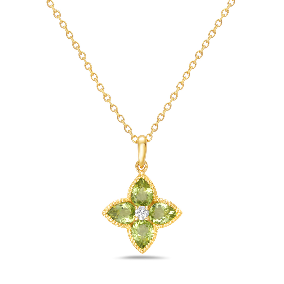 Bassali  Peridot and Diamond Accent 14k Yellow Gold Flower Pendant Necklace