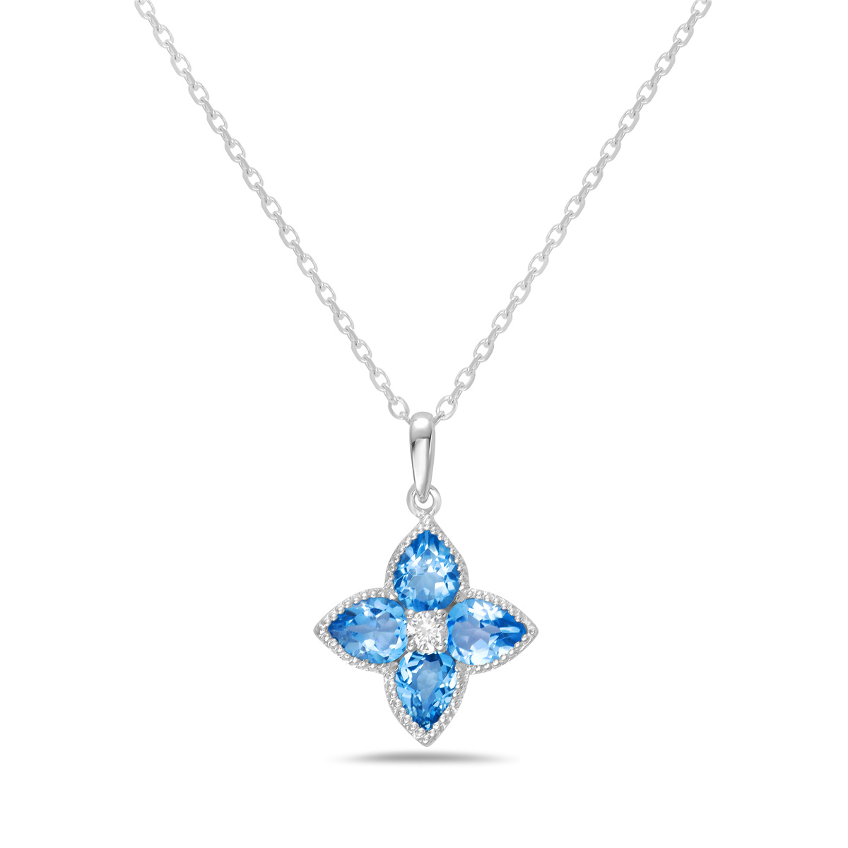 Bassali  Blue Topaz and Diamond Accent 14k White Gold Flower Pendant Necklace