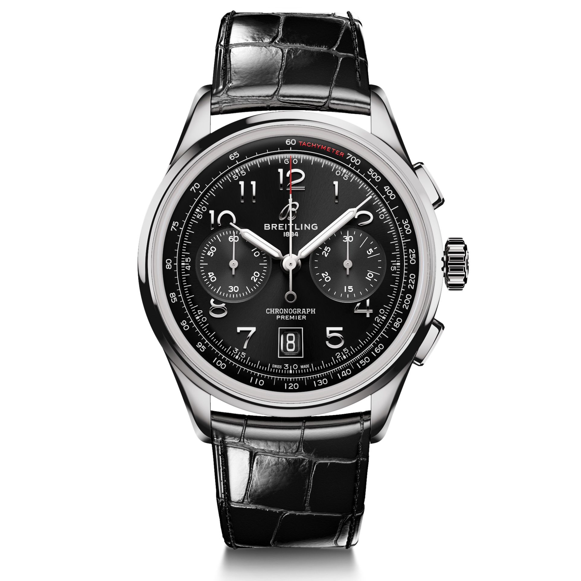 Breitling PreOwned Previously Owned Breitling Premier B01 Chronograph 42 Black Dial Black Leather Strap Watch 42mm AB0145221B1P1 Breitling PreOwned Previously Owned Breitling Premier B01 Chronograph 42 Black Dial Black Leather Strap Watch 42mm AB0145221B1P1