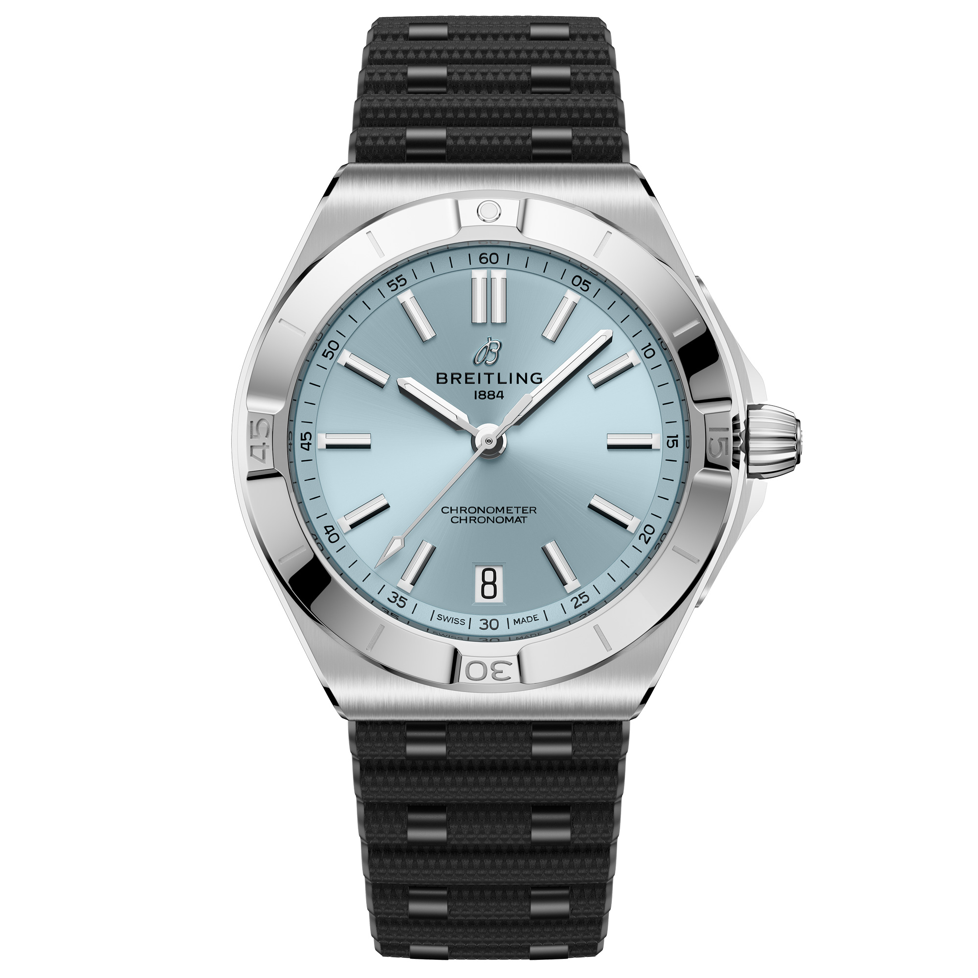 Breitling Chronomat B31 Automatic 40 Ice Blue Dial Platinum Bezel Black Rubber Strap Watch 40mm PB3114101C1S1