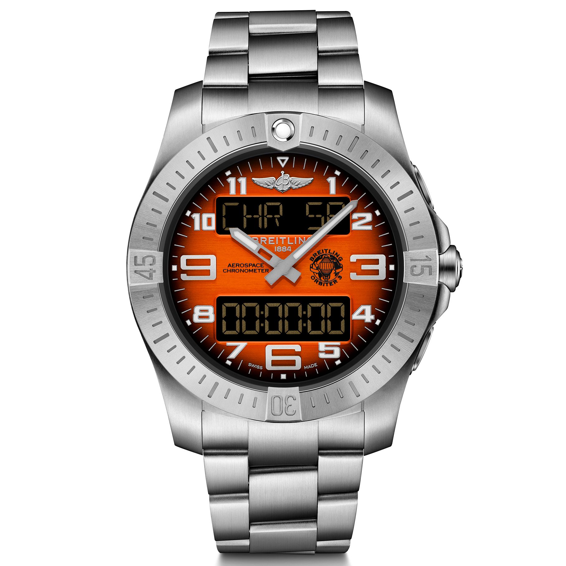 Breitling PreOwned Previously Owned Breitling Professional Aerospace B70 Orbiter 25th Orange Dial Titanium Watch 43mm  EB70101A101E1