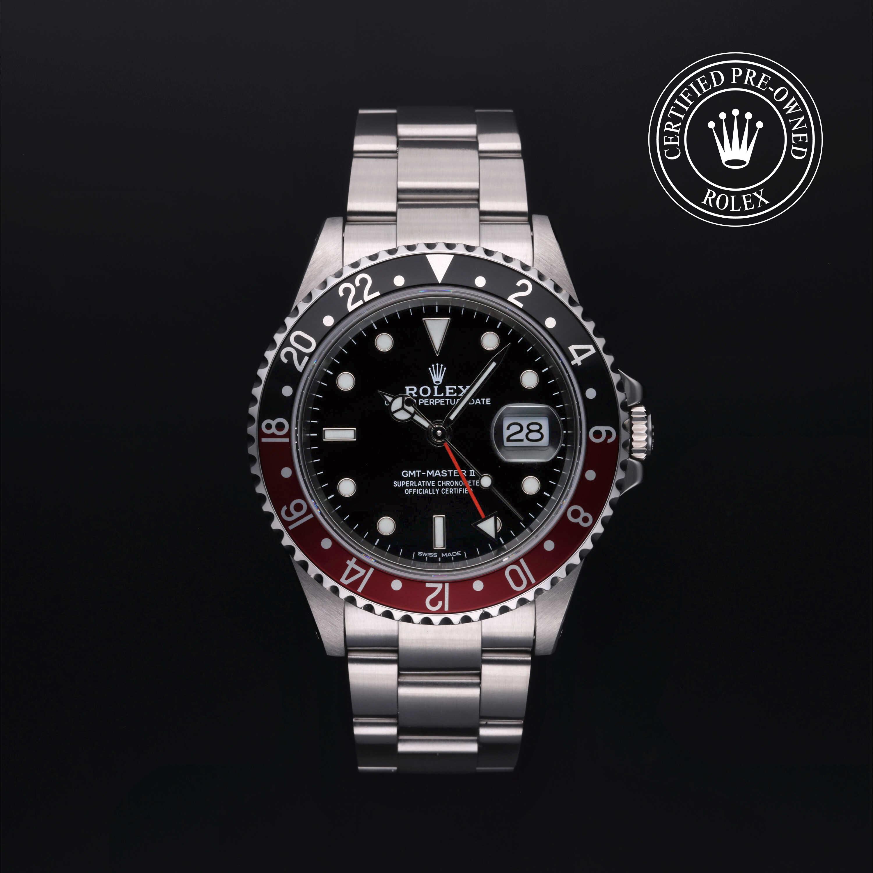 Rolex PreOwned Rolex Certified PreOwned Oyster Perpetual GMTMaster II Black Dial Watch 40mm  M167100005