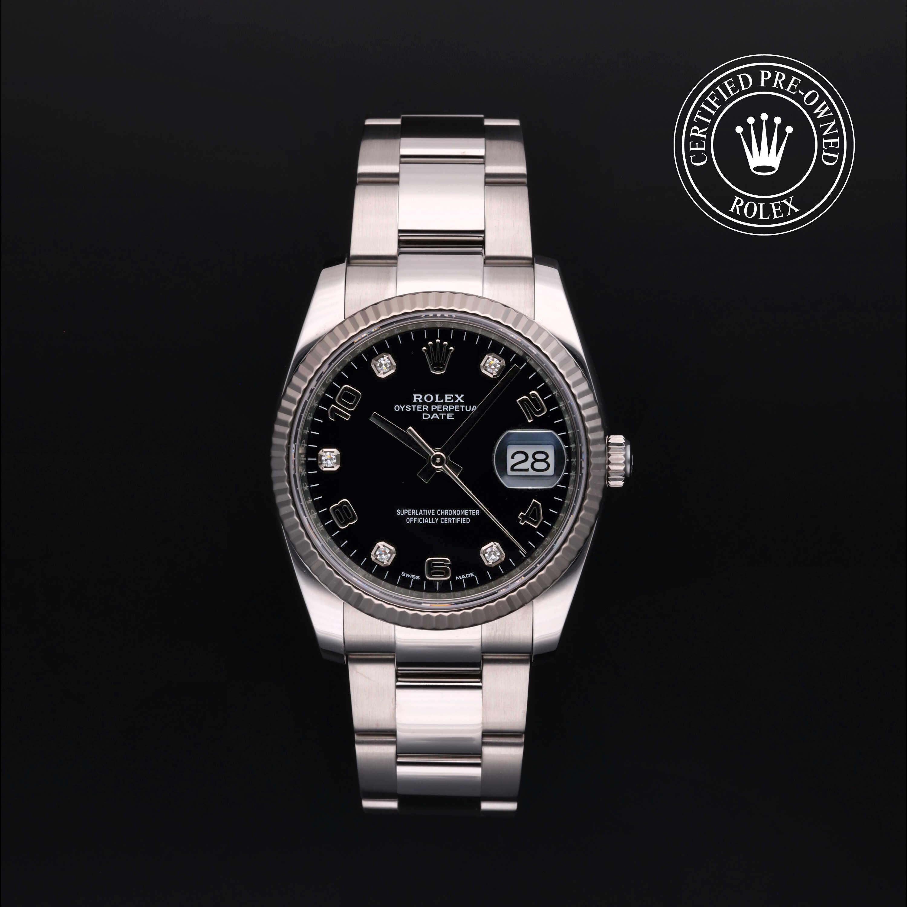 Rolex Certified Pre-Owned Date 34 Bright Black Diamond Dial Watch 34mm - M115234-0011 - Image 1