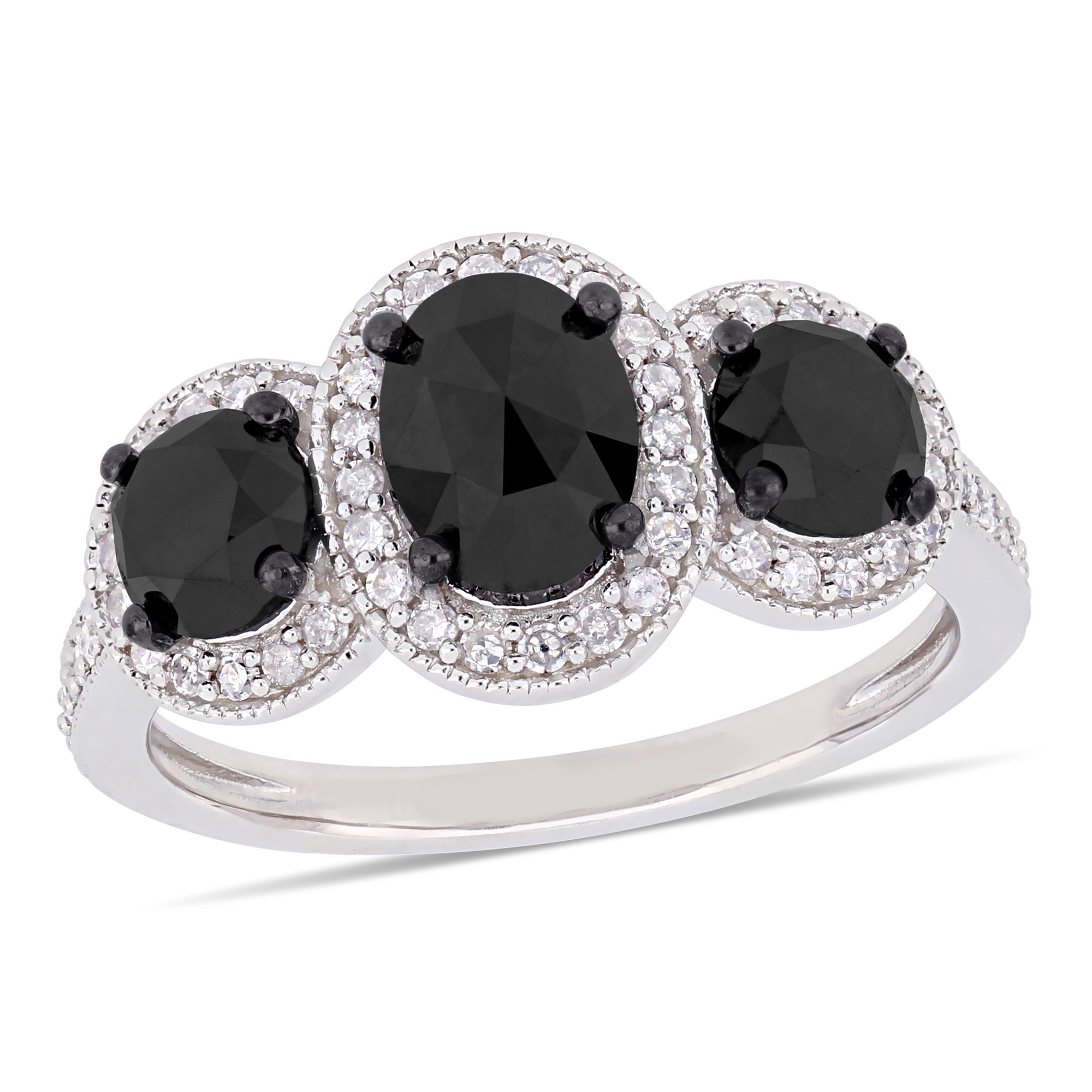 2 1/4ctw Treated Black Diamond and Diamond Sterling Silver Three-Stone Halo Engagement Ring - Size 8 -  REEDS, RDJ004778-800