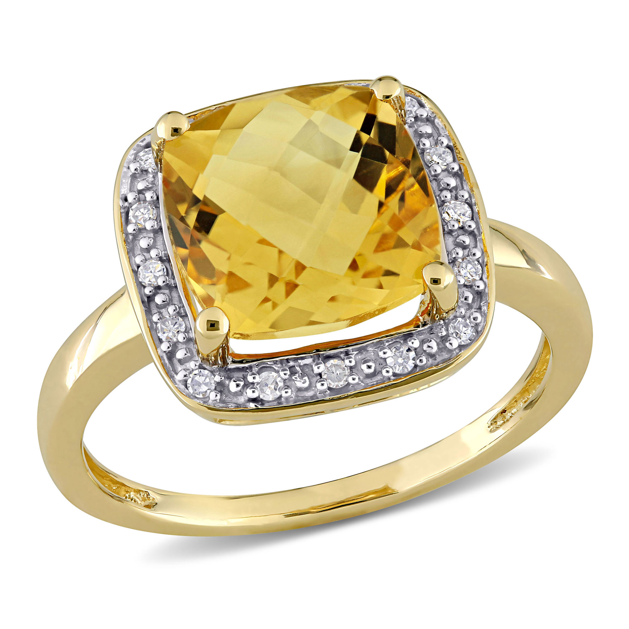 Cushion-Shaped Citrine and 1/10ctw Diamond Yellow Gold Ring - Size 9