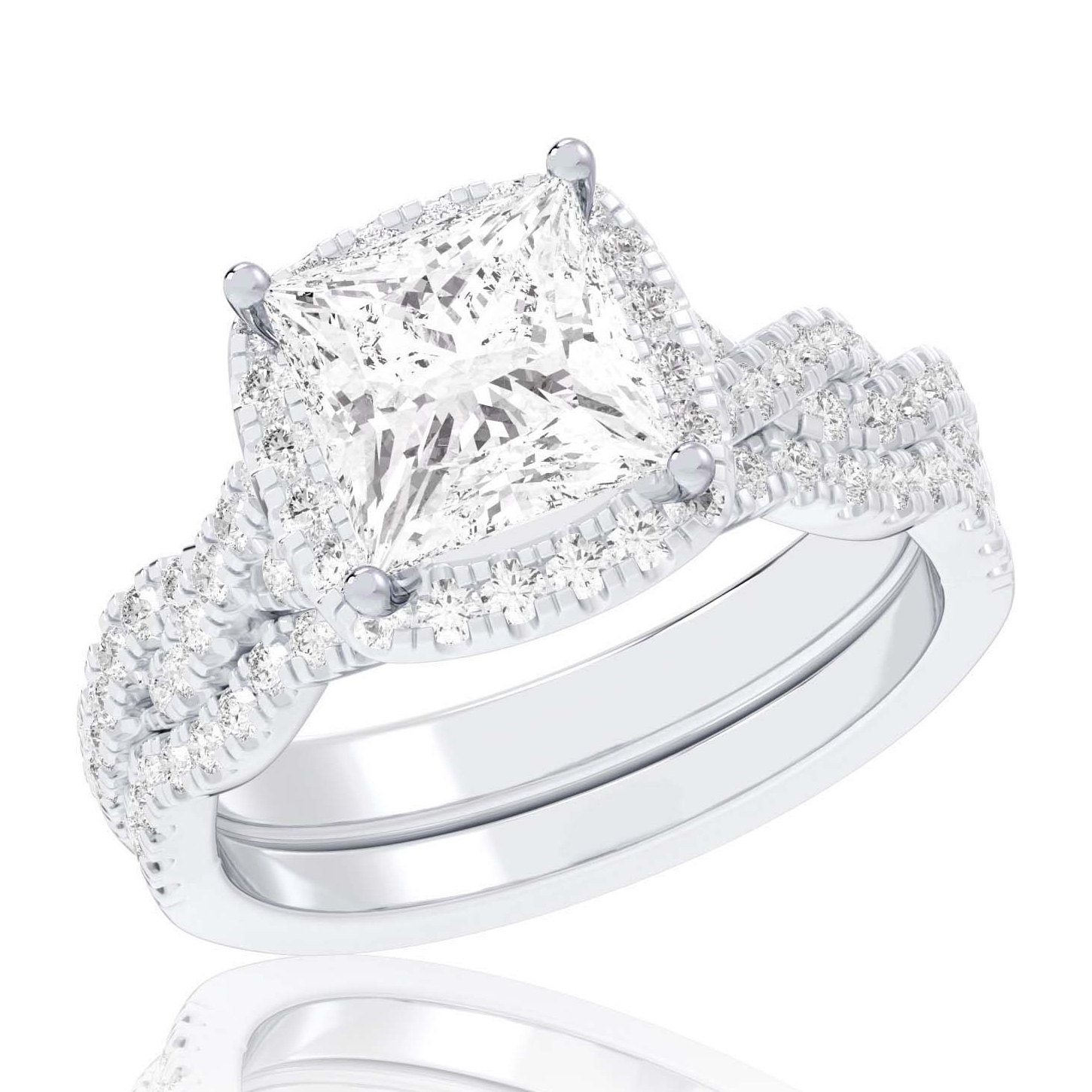 REEDS Womens 3 34Ctw Princess Lab Grown Diamond Halo Twist Band White Gold Engagement And Wedding Ring Bridal Set Ring Size 5 17000$