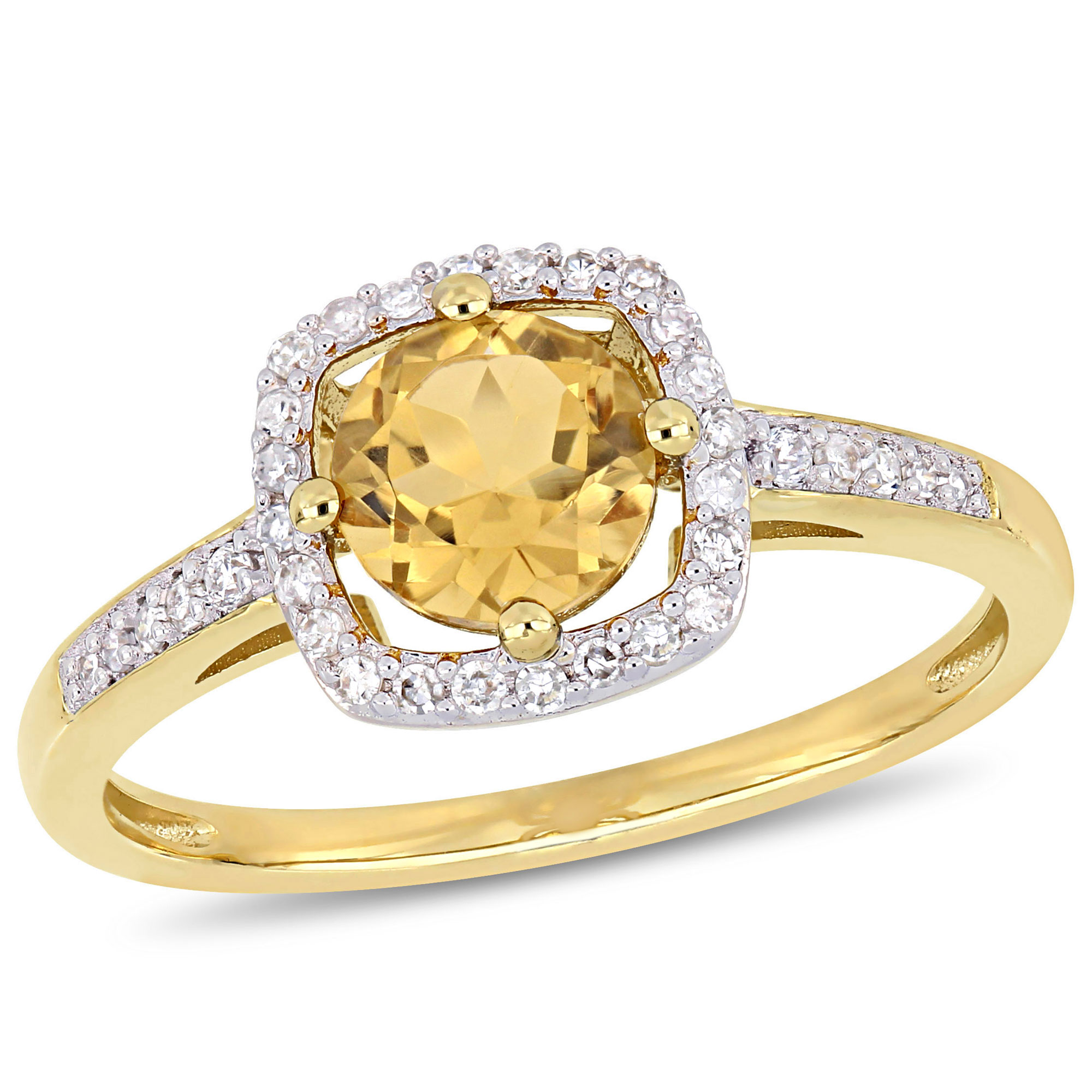 Round Citrine and 1/7ctw Diamond Halo Yellow Gold Ring - Size 7