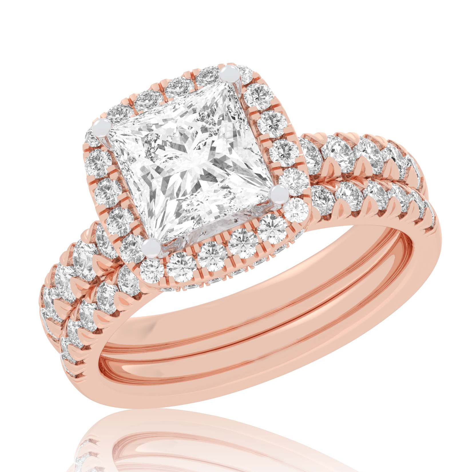 REEDS Women's 4 1/4Ctw Princess Lab Grown Diamond Halo Rose Gold Engagement And Wedding Ring Bridal Set  Ring Size: 7