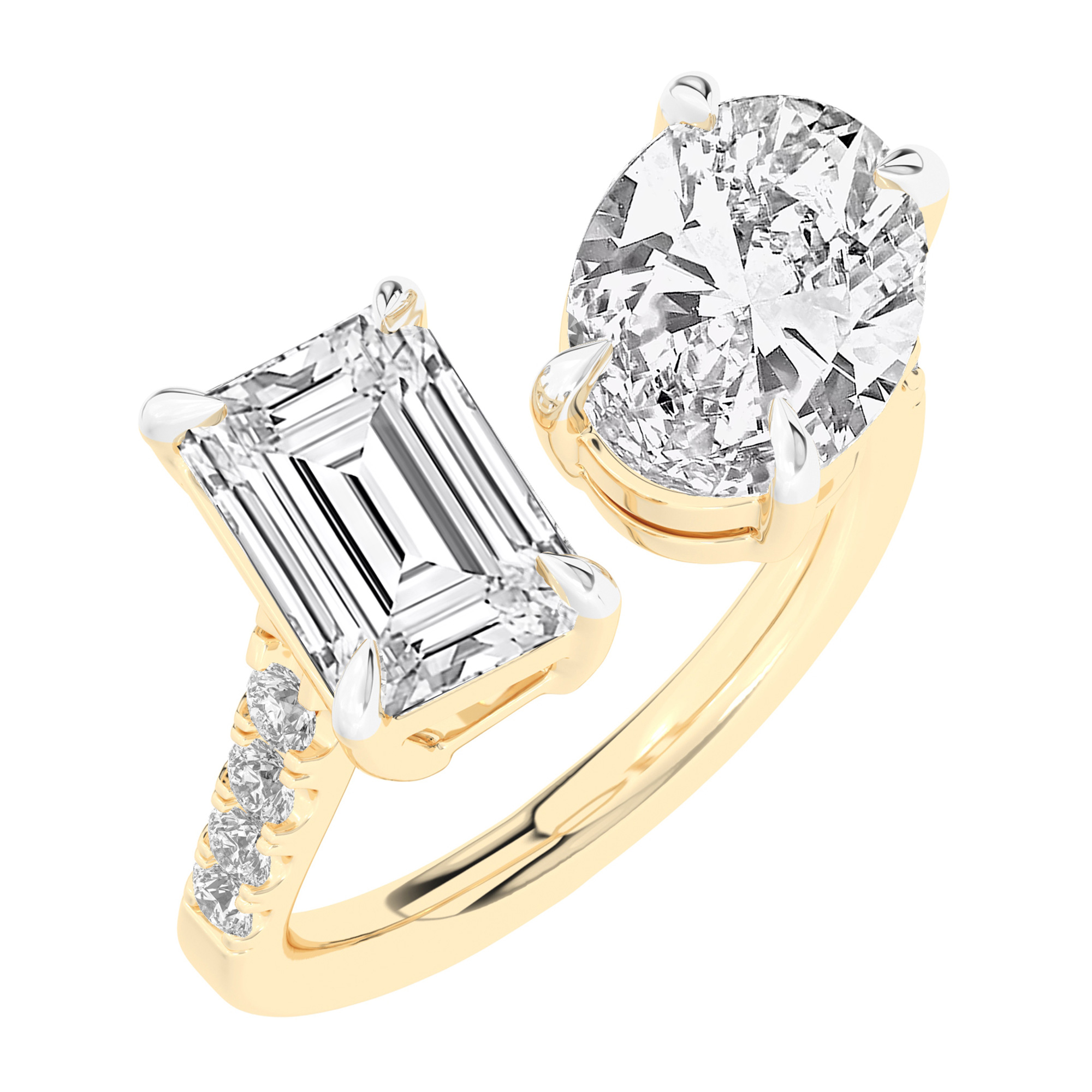 REEDS Women's 4 1/5Ctw Emerald And Oval Lab Grown Diamond Toi Et Moi Yellow Gold Engagement Ring - Size 9