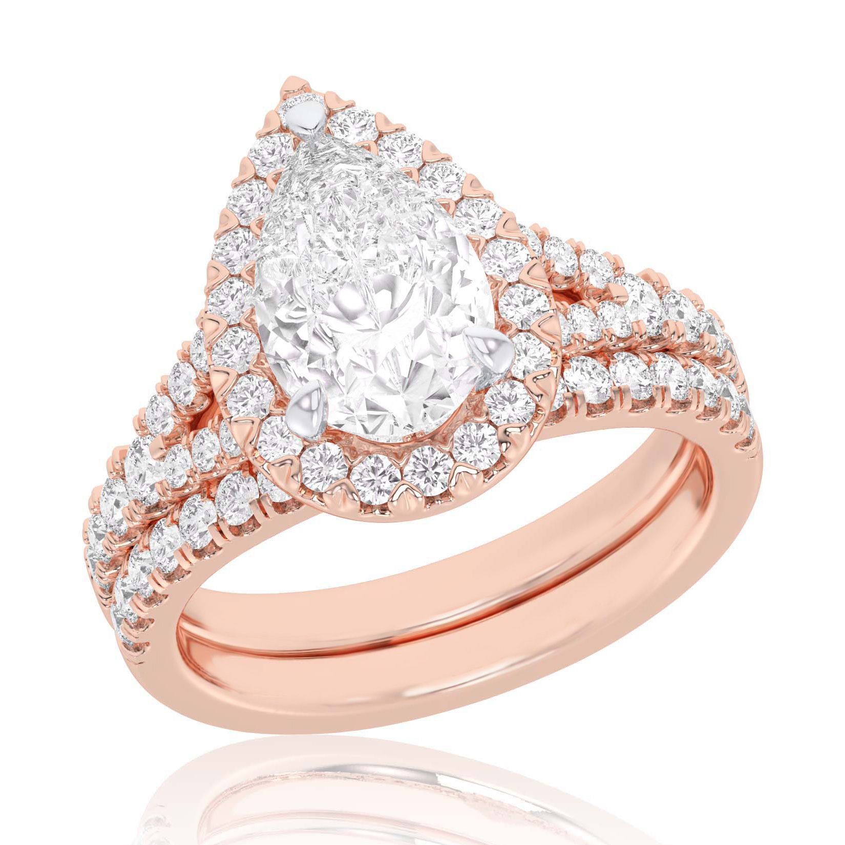 REEDS Women's 4Ctw Pear Lab Grown Diamond Halo Rose Gold Engagement And Wedding Ring Bridal Set - Size 5