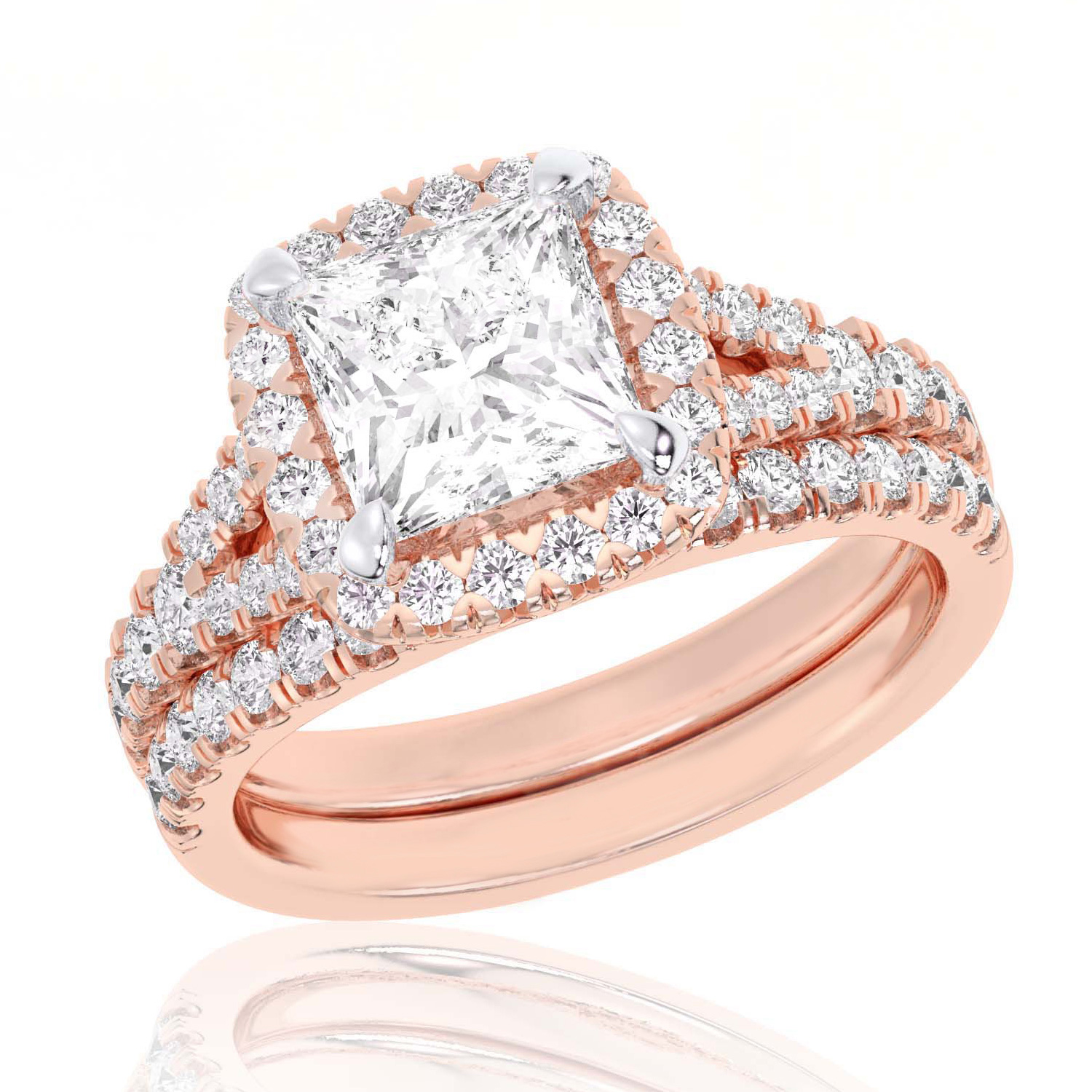 REEDS Women's 4Ctw Princess Lab Grown Diamond Halo Rose Gold Engagement And Wedding Ring Bridal Set - Size 6
