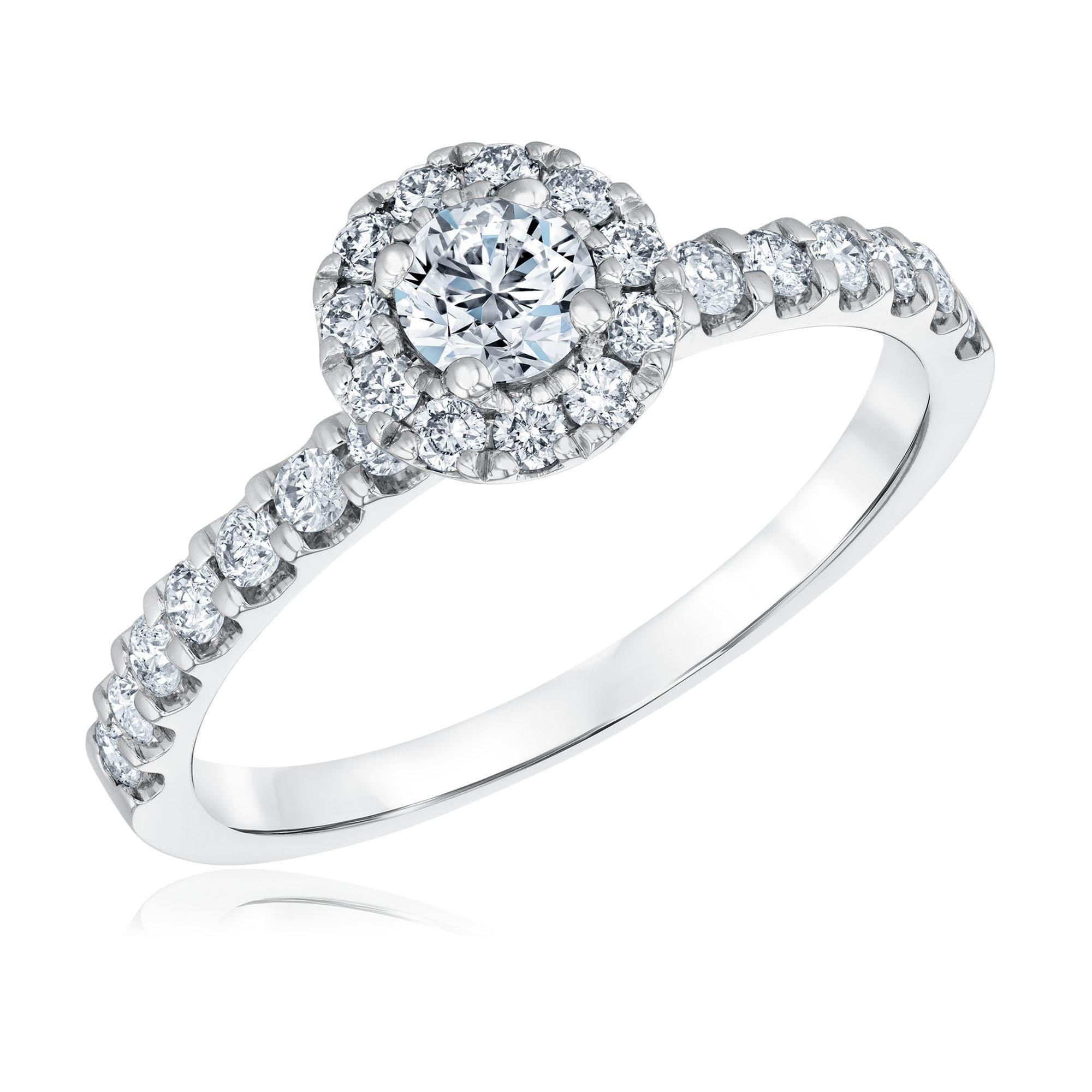 7/8ctw Round Diamond Halo White Gold Engagement Ring | Timeless C