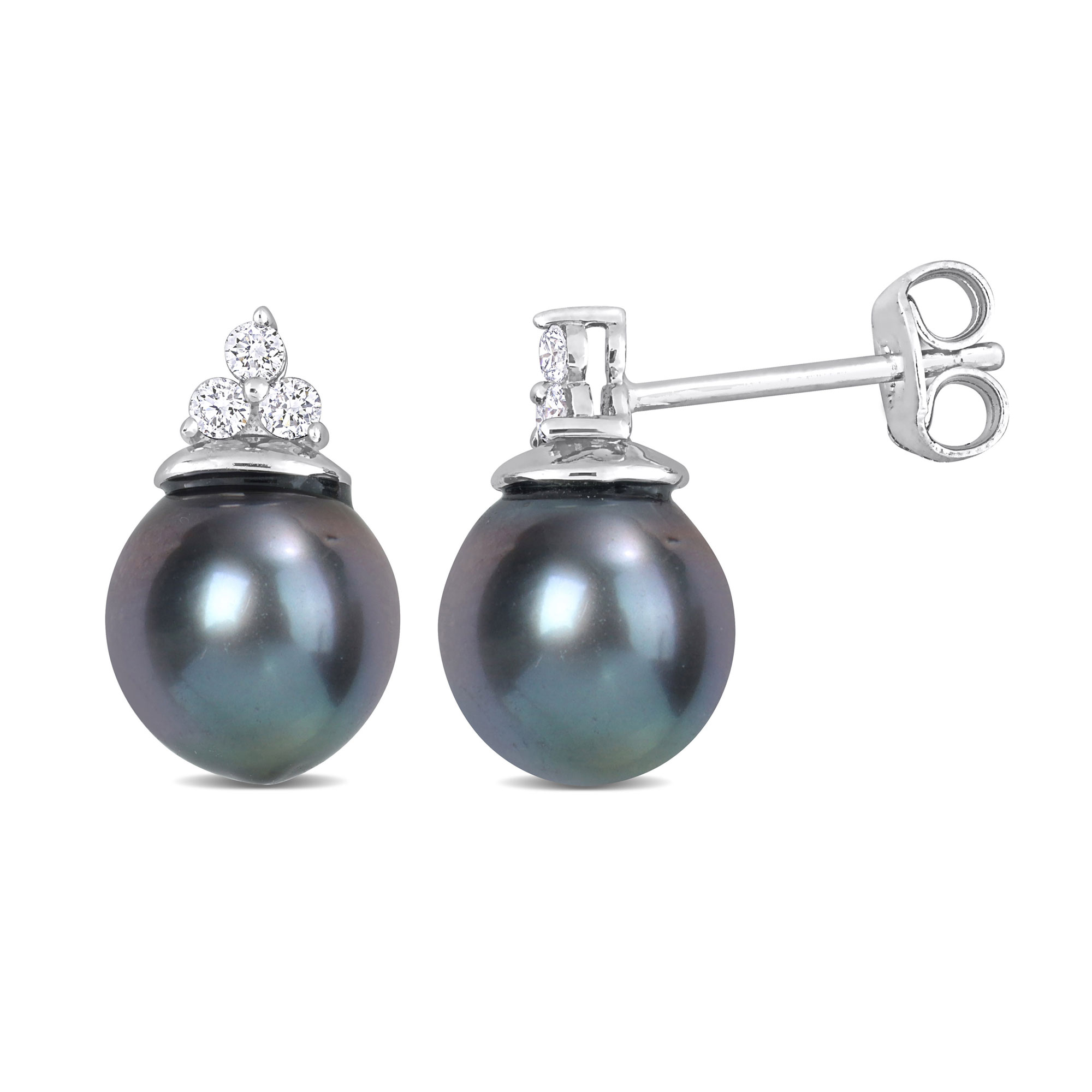 8-8.5mm Black Tahitian Cultured Pearl and 1/8ctw Diamond Sterling