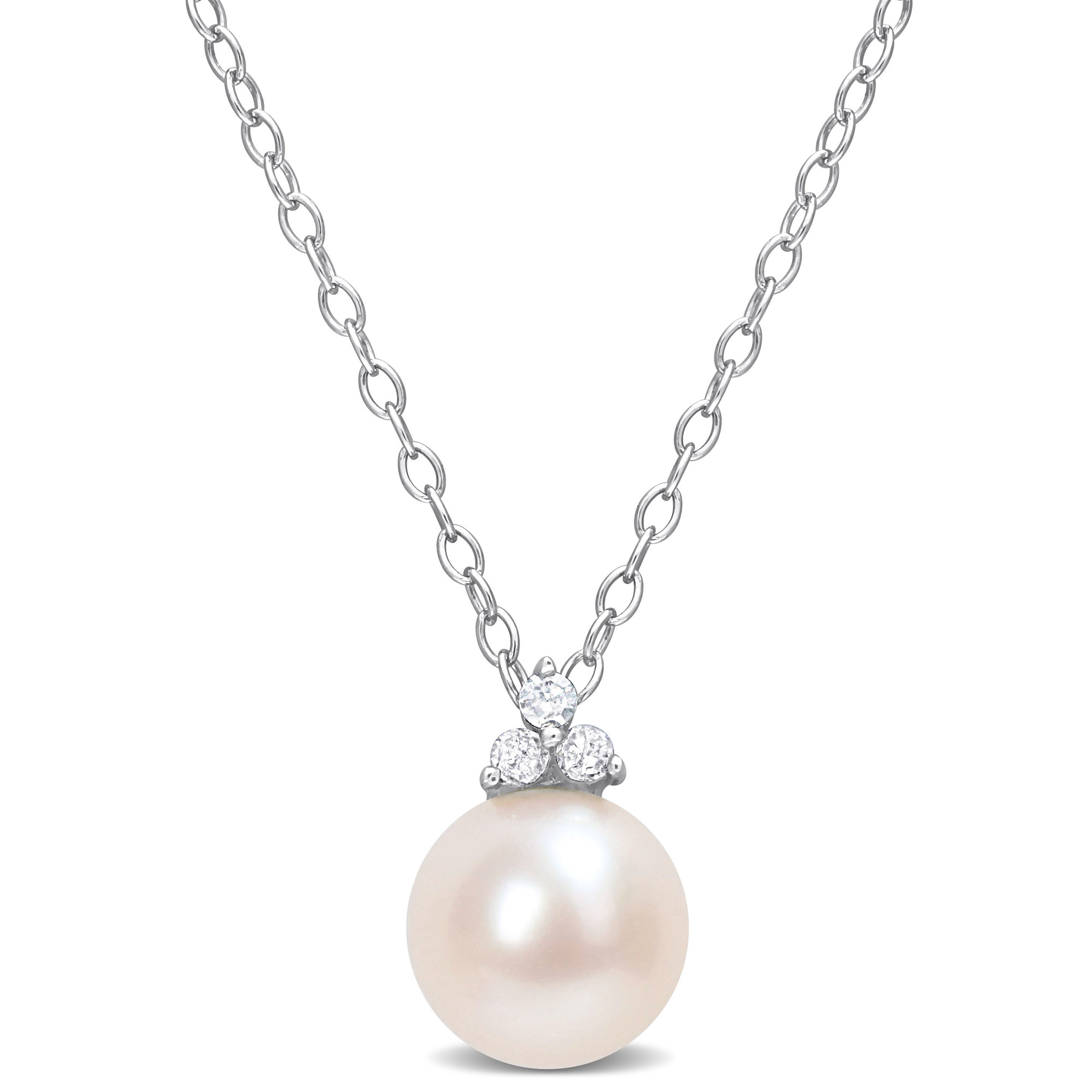 8-8.5mm Freshwater Cultured Pearl and Diamond Accent Sterling Sil