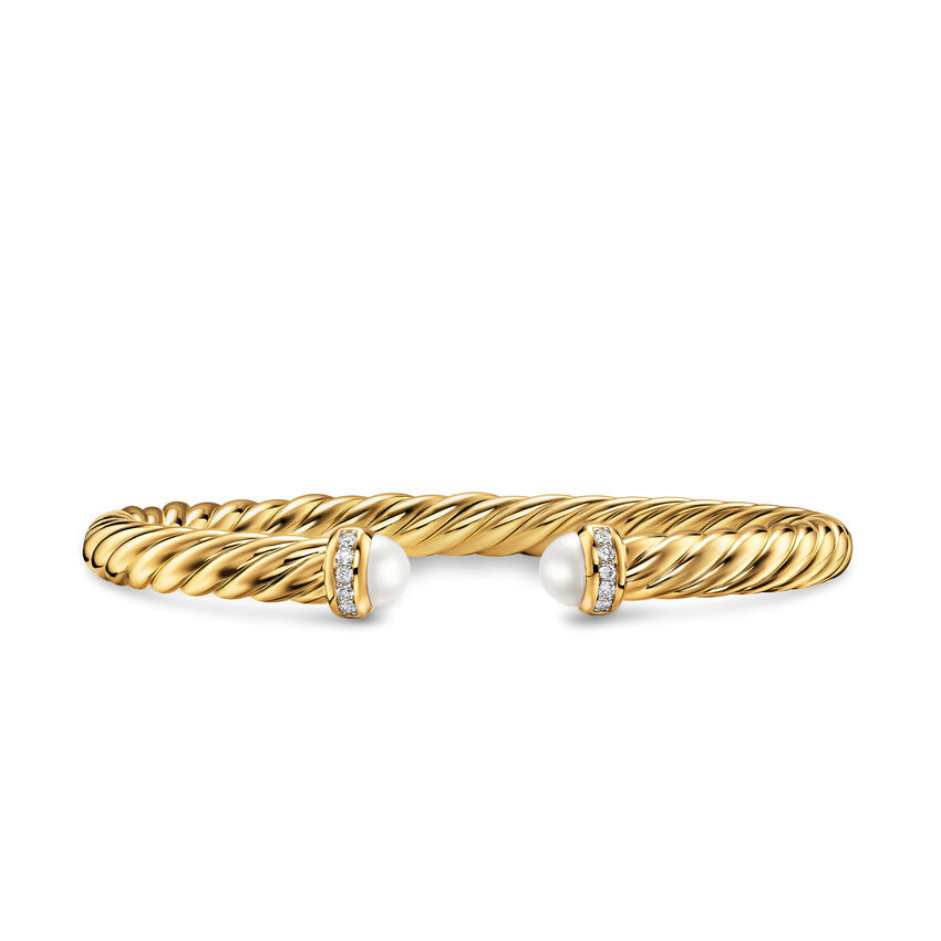 David Yurman Cablespira Flex Bracelet in 18K Yellow Gold with Pearls and Diamonds 6mm - Medium