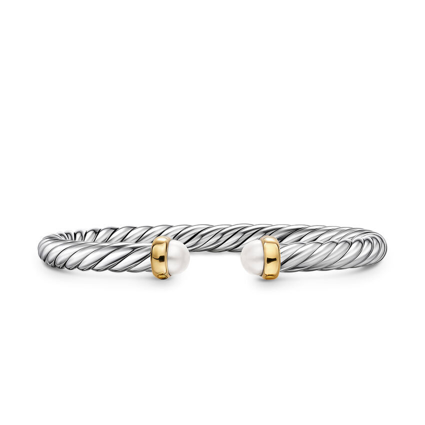 David Yurman  Cable Flex Bracelet in Sterling Silver with 14K Yellow Gold and Pearls  6mm - Medium