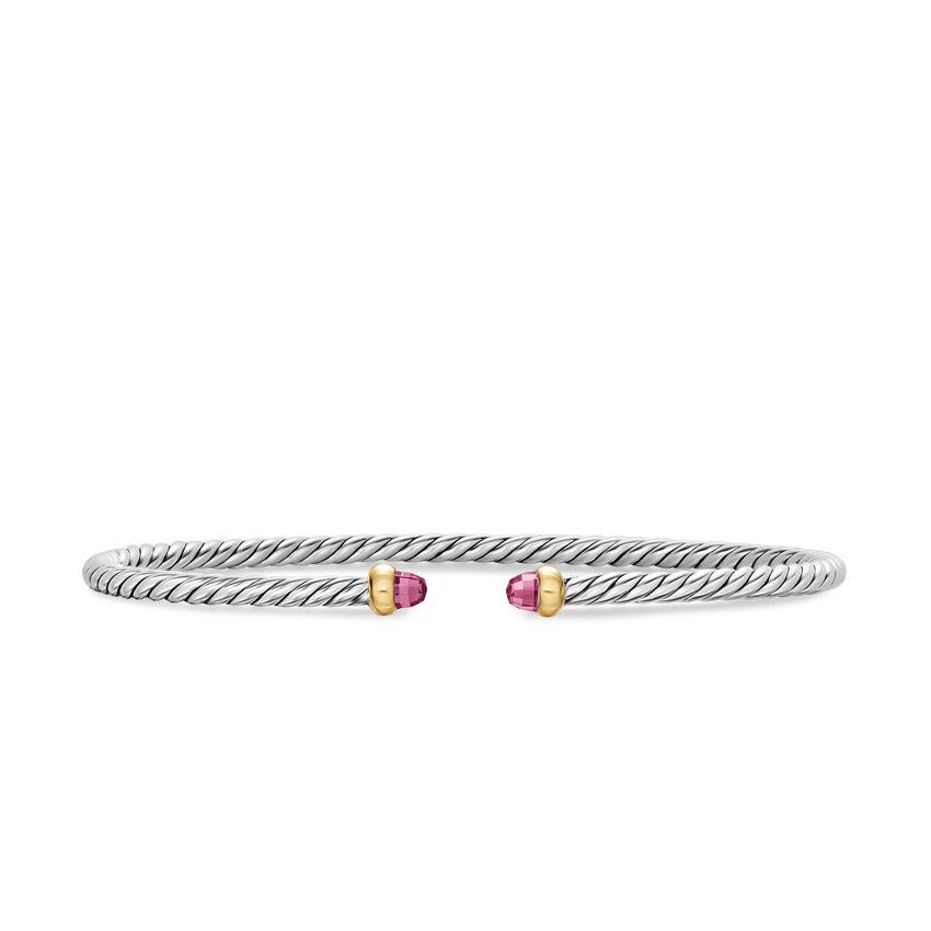 David Yurman  Micro Cable Flex Bracelet in Sterling Silver with 14K Yellow Gold and Pink Tourmaline  2.6mm - Small