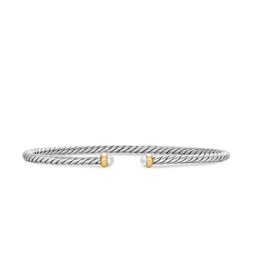 David Yurman Micro Cable Flex Bracelet in Sterling Silver with 14K Yellow Gold and Pearls 2.6mm - Medium