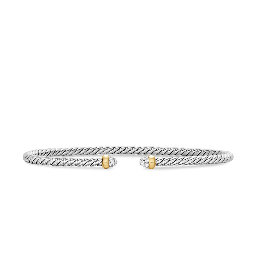 David Yurman Micro Cable Flex Bracelet in Sterling Silver with 14K Yellow Gold and Diamonds 2.6mm - Medium