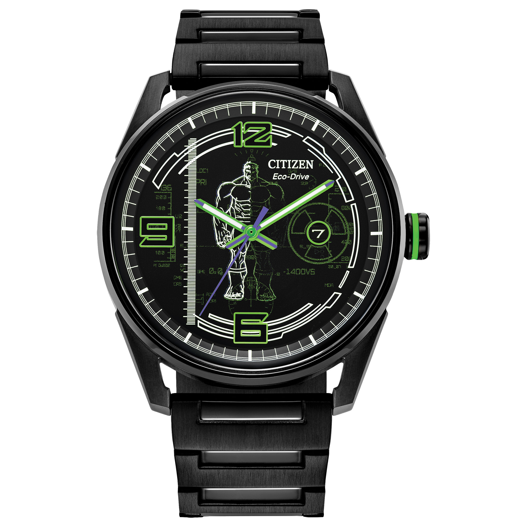 Citizen  EcoDrive Marvel Hulk Green Goliath Black Dial Black Stainless Steel Watch 42mm  BM767557W