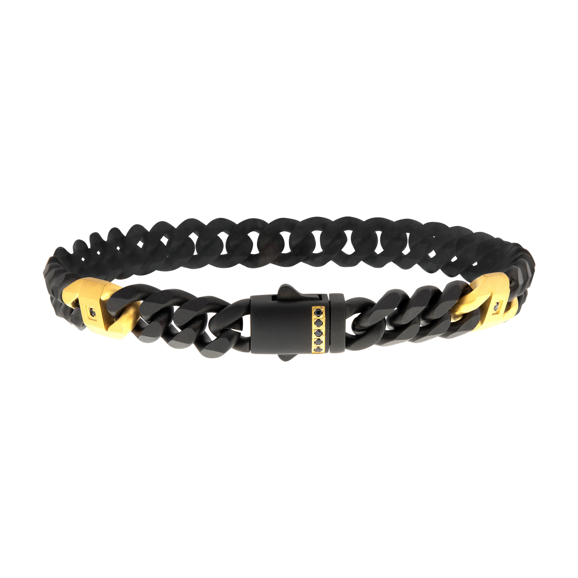 Inox  Black Sapphire Black and Gold Ion-Plated Stainless Steel 8mm Miami Cuban Chain Bracelet - 8 Inches