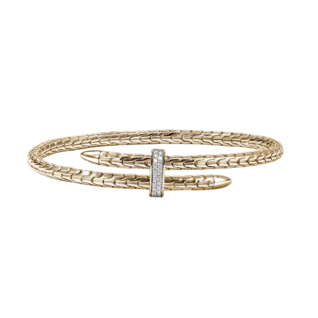 John Hardy  Spear 1/6ctw Diamond 4mm 14k Yellow Gold Flex Cuff Bracelet  - Small