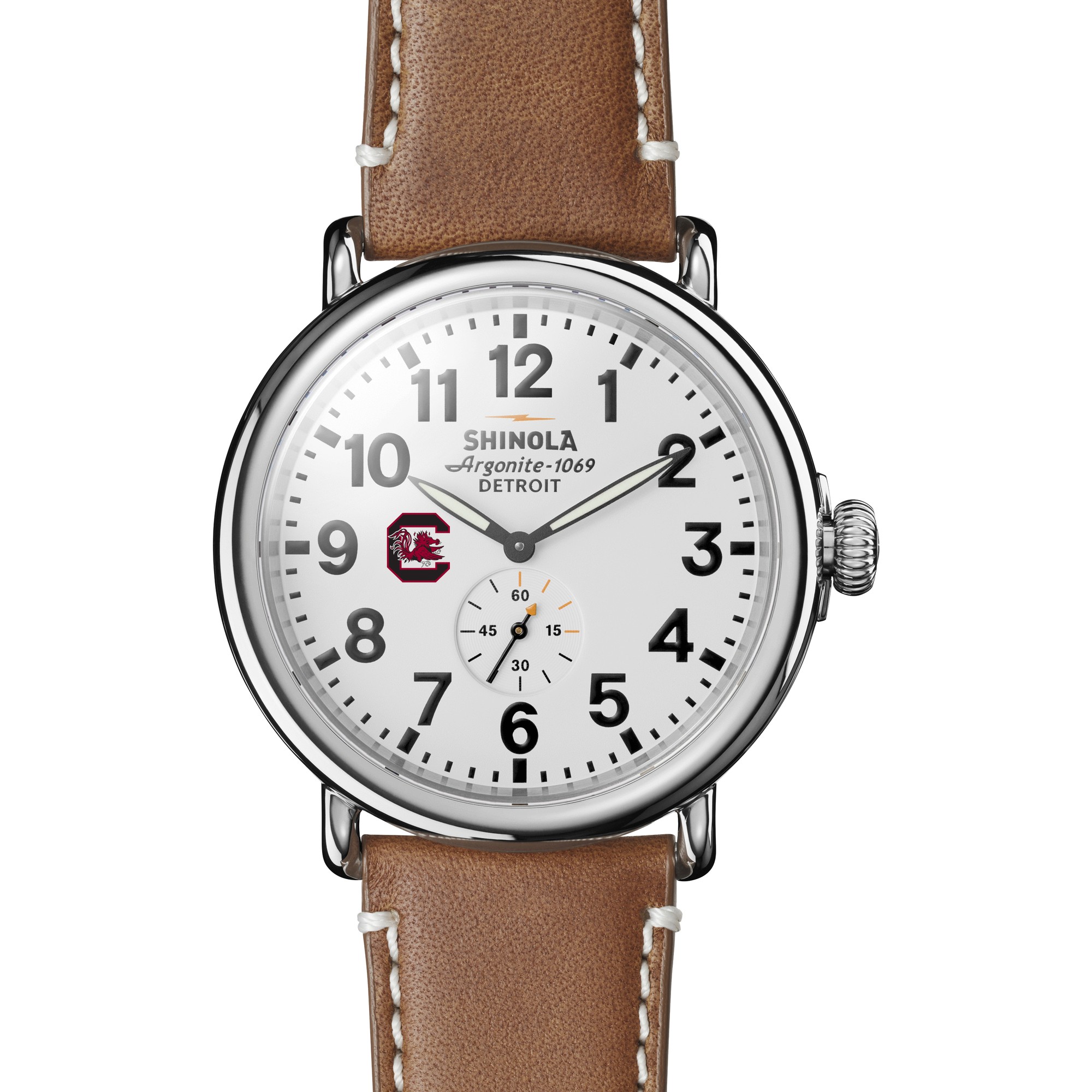 REEDS University Of South Carolina Shinola The Runwell White Dial Tan Leather Strap Watch 47mm By M.Lahart & Co -  University Gifts by REEDS, 24806