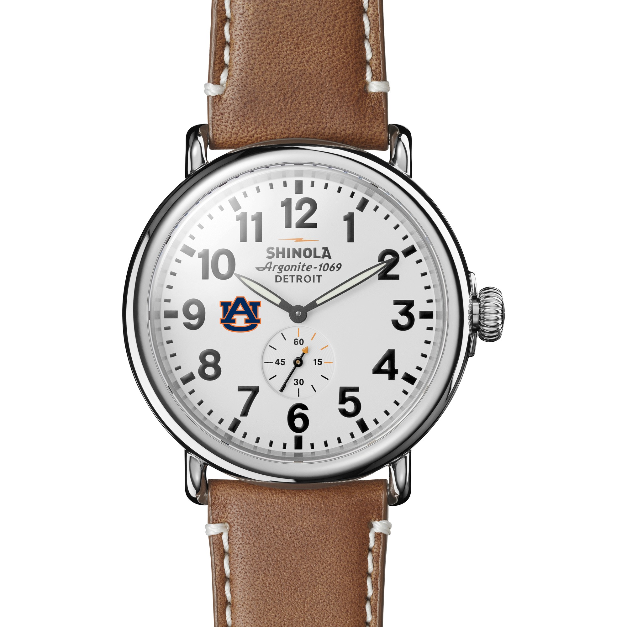REEDS Auburn University Shinola The Runwell White Dial Tan Leather Strap Watch 47mm By M.Lahart & Co -  University Gifts by REEDS, 46298