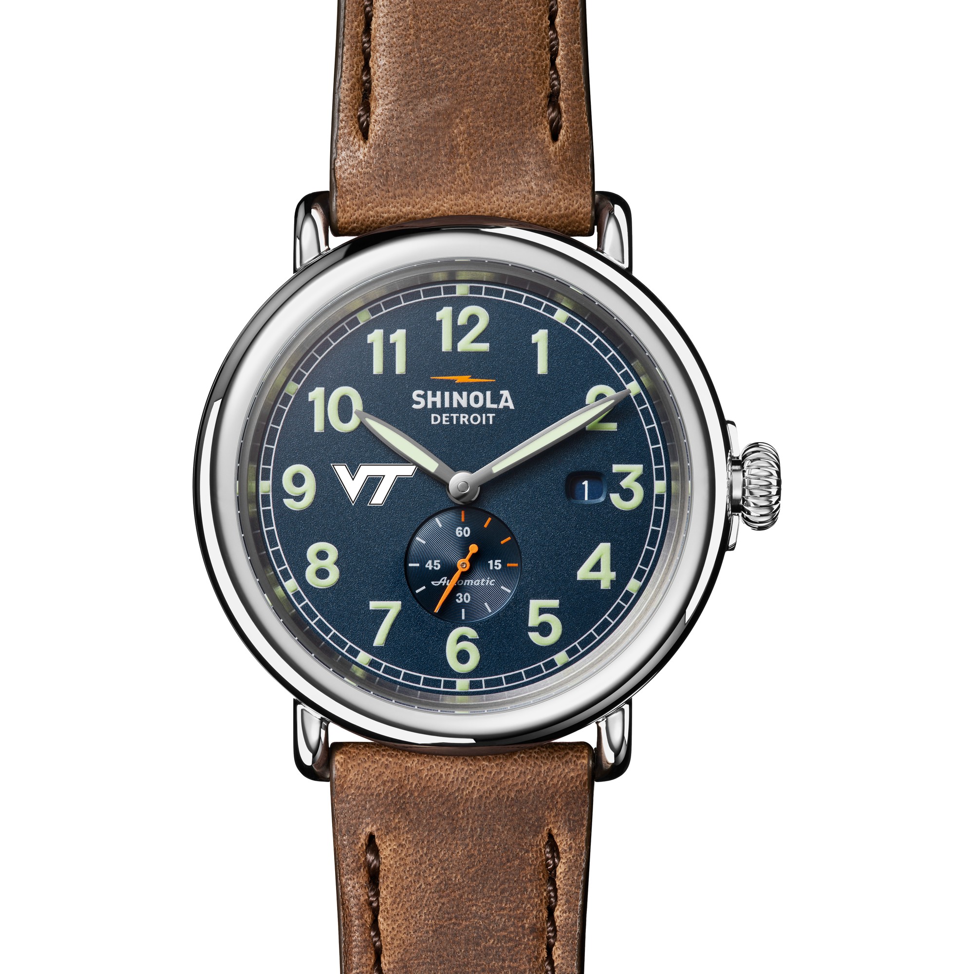 REEDS Virginia Tech Shinola The Runwell Automatic Blue Dial Tan Leather Strap Watch 45mm By M.Lahart & Co -  University Gifts by REEDS, 68755