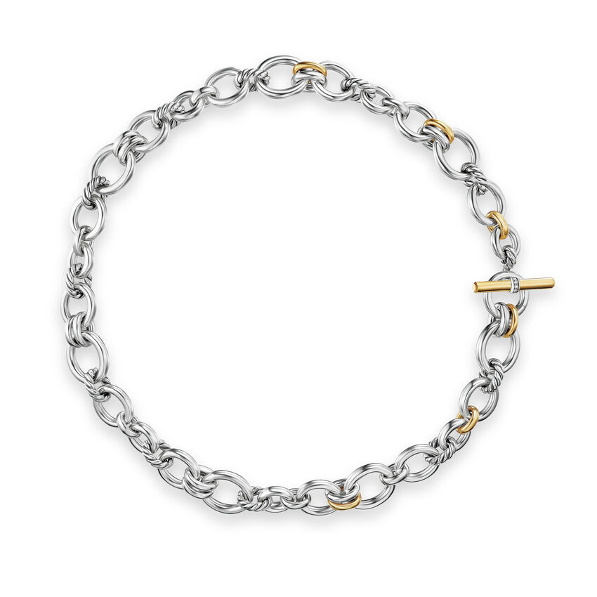 David Yurman  DY Mercer Chain Necklace in Sterling Silver with 18K Yellow Gold and Diamonds  8mm - 17 Inches