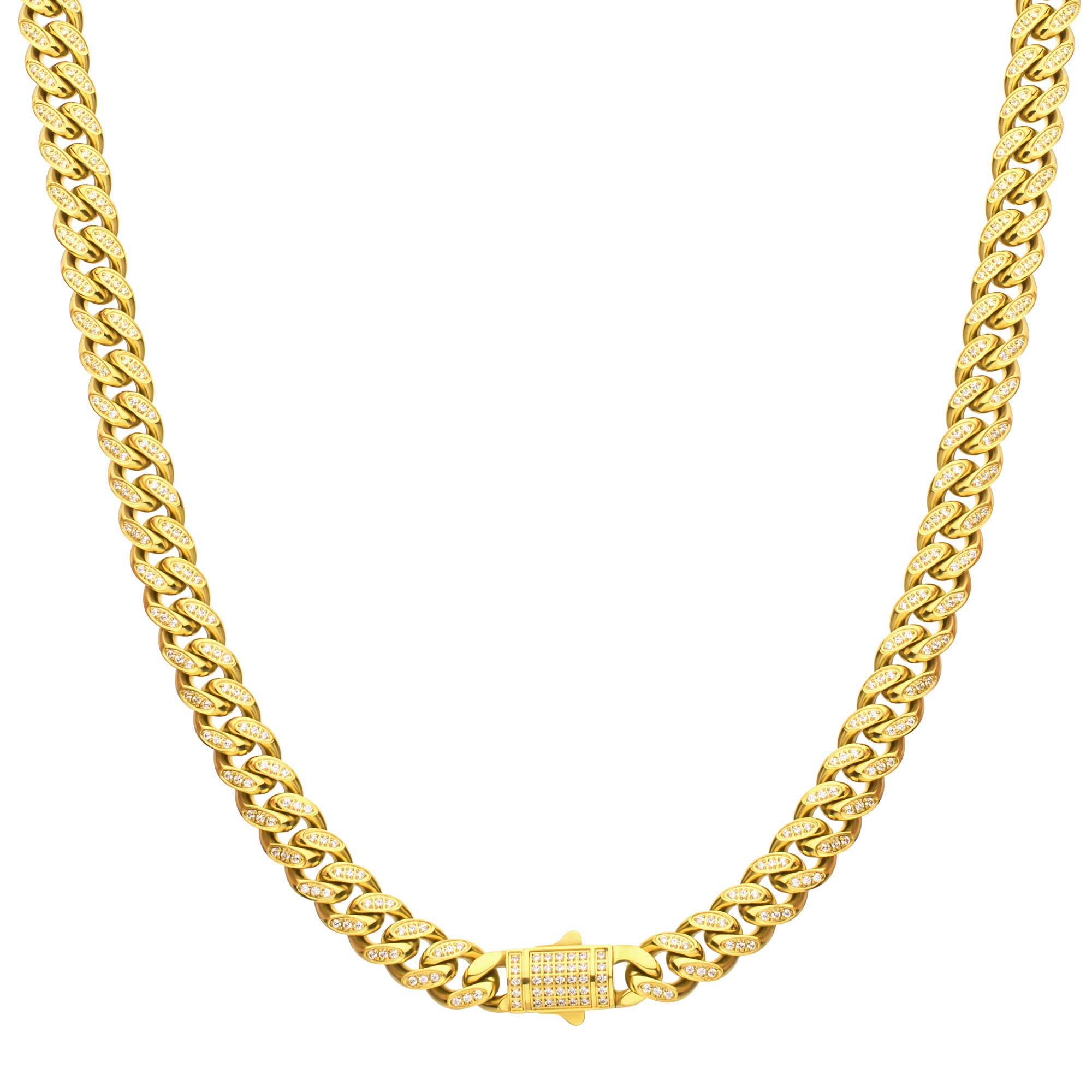 Inox  Cubic Zirconia Gold Ion-Plated Stainless Steel 8mm Miami Cuban Chain Necklace - 22 Inches