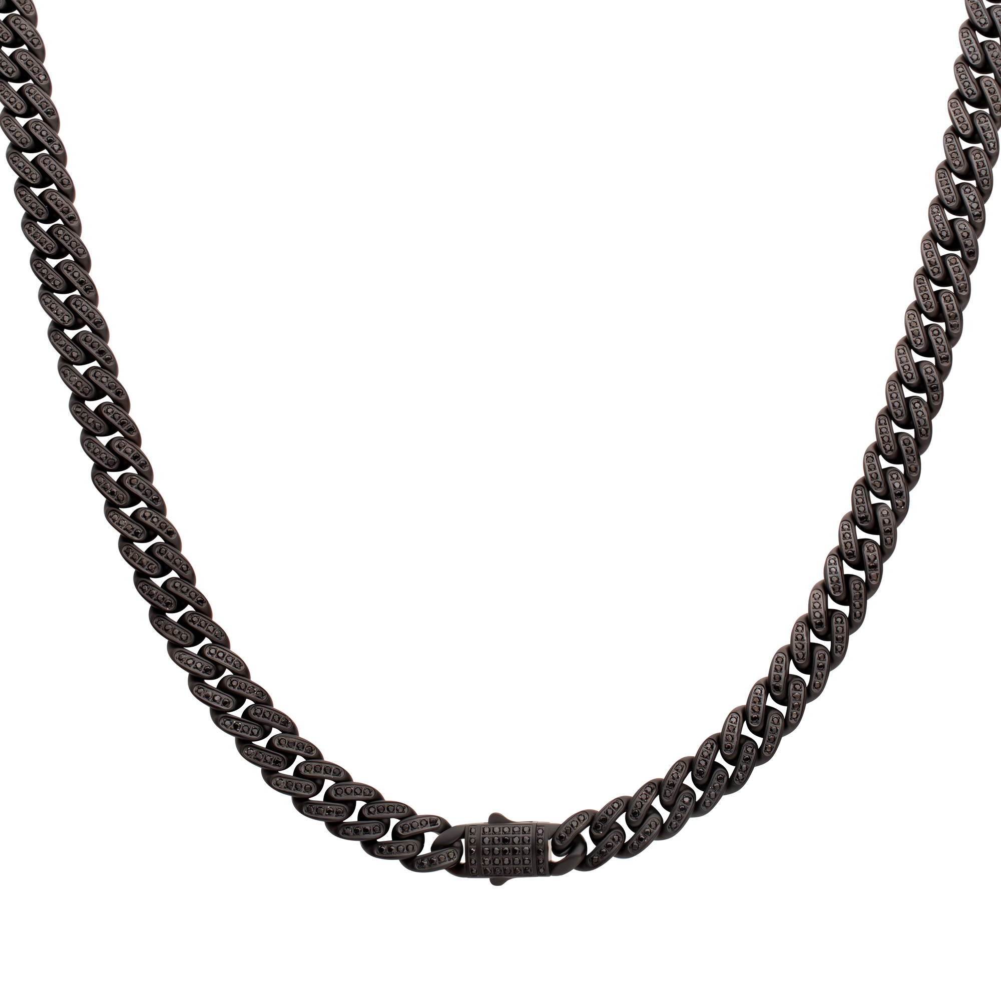 Inox  Black Spinel Black Ion-Plated Stainless Steel 12mm Miami Cuban Chain Necklace - 22 Inches