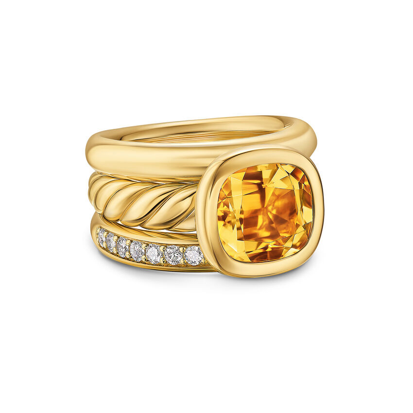 David Yurman Women's  DY Mercer Three Row Stone Ring in 18K Yellow Gold with Citrine and Diamonds  12mm - Size 7
