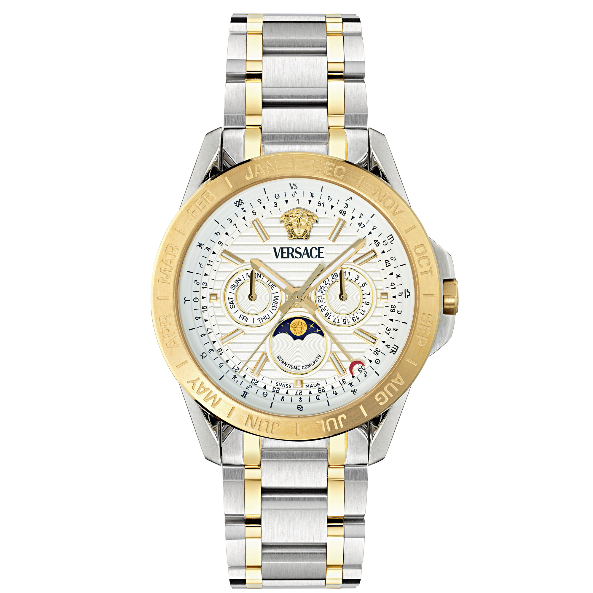 Versace  V-Galaxy Moonphase White Guilloche Dial Two-Tone Bracelet Watch 43mm - VE0K00225