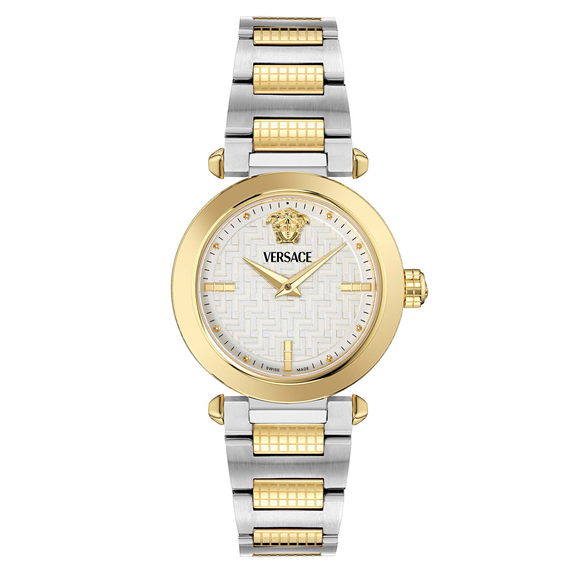 Versace Greek Silver Guilloche Dial TwoTone Bracelet Watch 35mm VE5B00325 Versace Greek Silver Guilloche Dial TwoTone Bracelet Watch 35mm VE5B00325