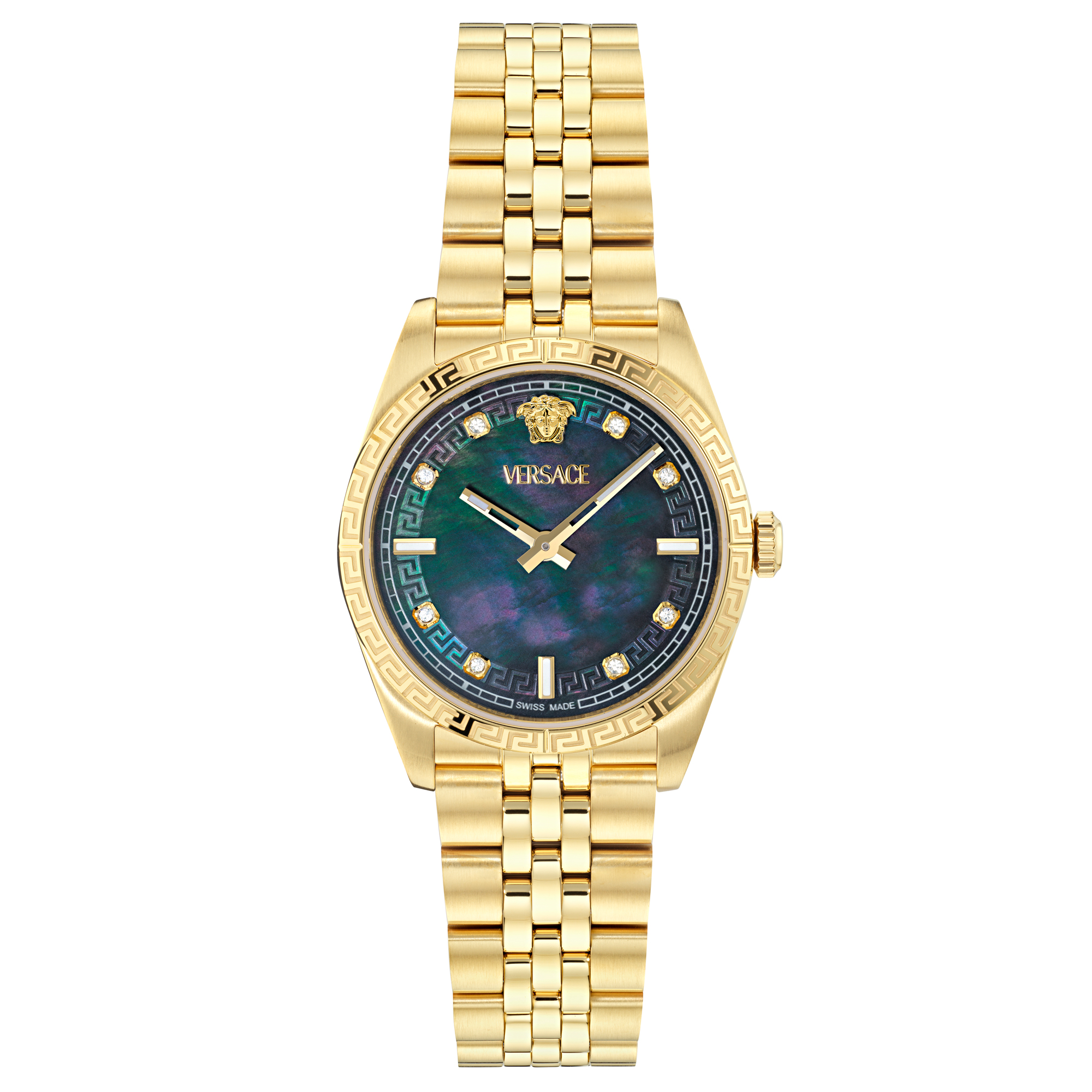 Versace Millenyium Black Mother of Pearl Diamond Dial IP Yellow Gold Stainless Steel Bracelet 32mm VE5K00626 Versace Millenyium Black Mother of Pearl Diamond Dial IP Yellow Gold Stainless Steel Bracelet 32mm VE5K00626