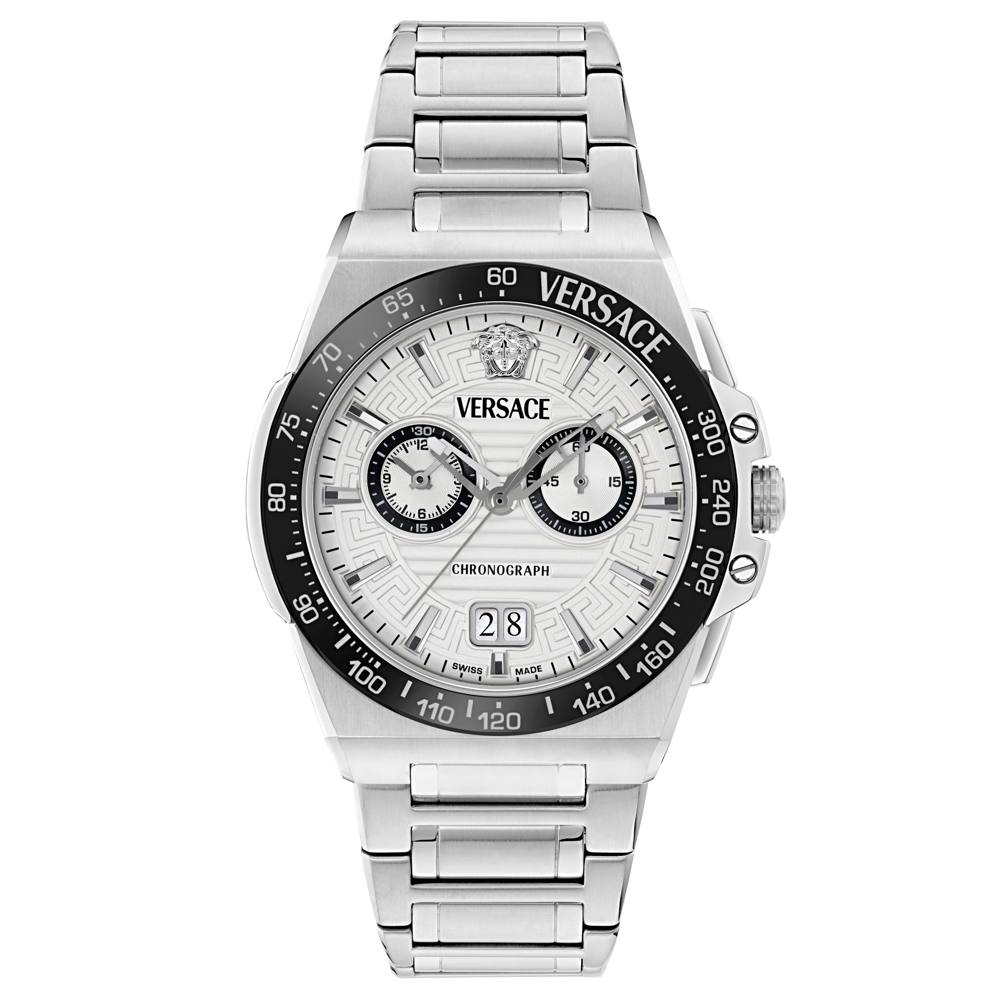 Versace Greca Reaction Chrono White Guilloche Dial Stainless Steel Watch 43mm VE5N00126 Versace Greca Reaction Chrono White Guilloche Dial Stainless Steel Watch 43mm VE5N00126