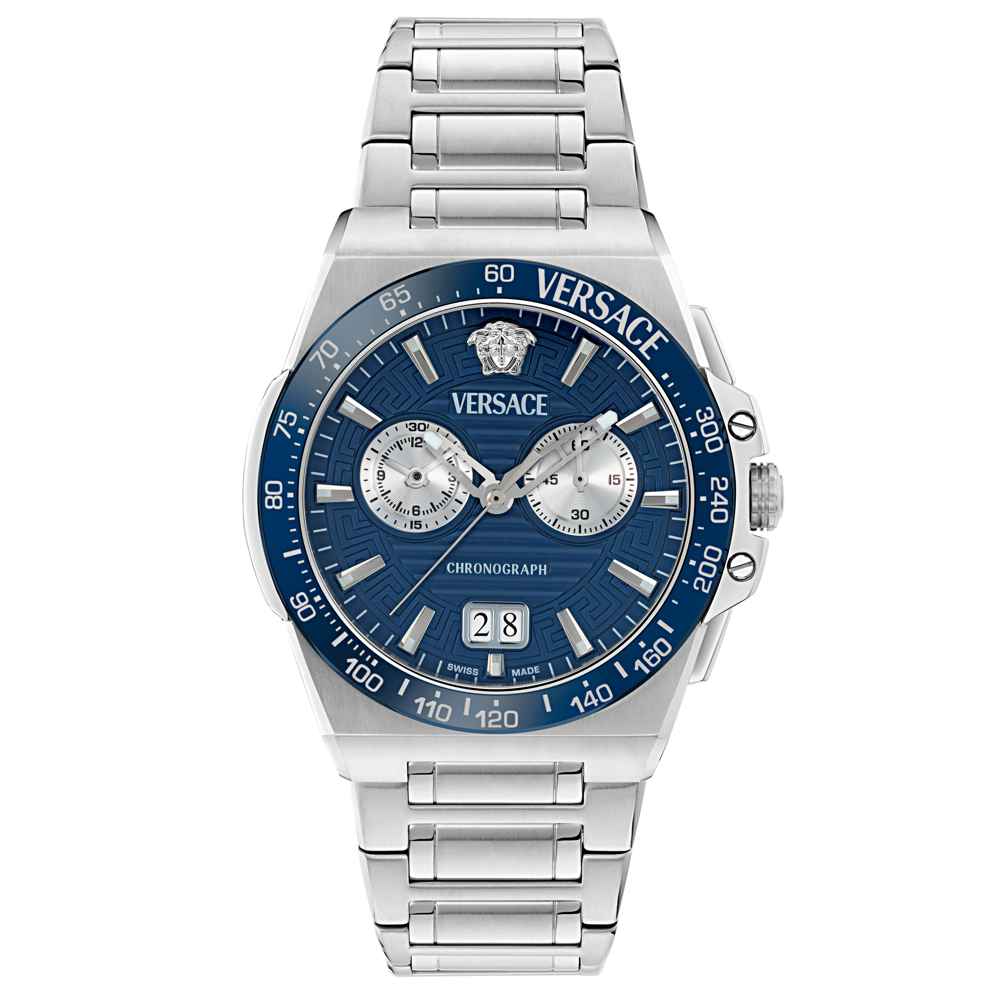 Versace Greca Reaction Chrono Blue Guilloche Dial Stainless Steel Watch 43mm VE5N00326 Versace Greca Reaction Chrono Blue Guilloche Dial Stainless Steel Watch 43mm VE5N00326