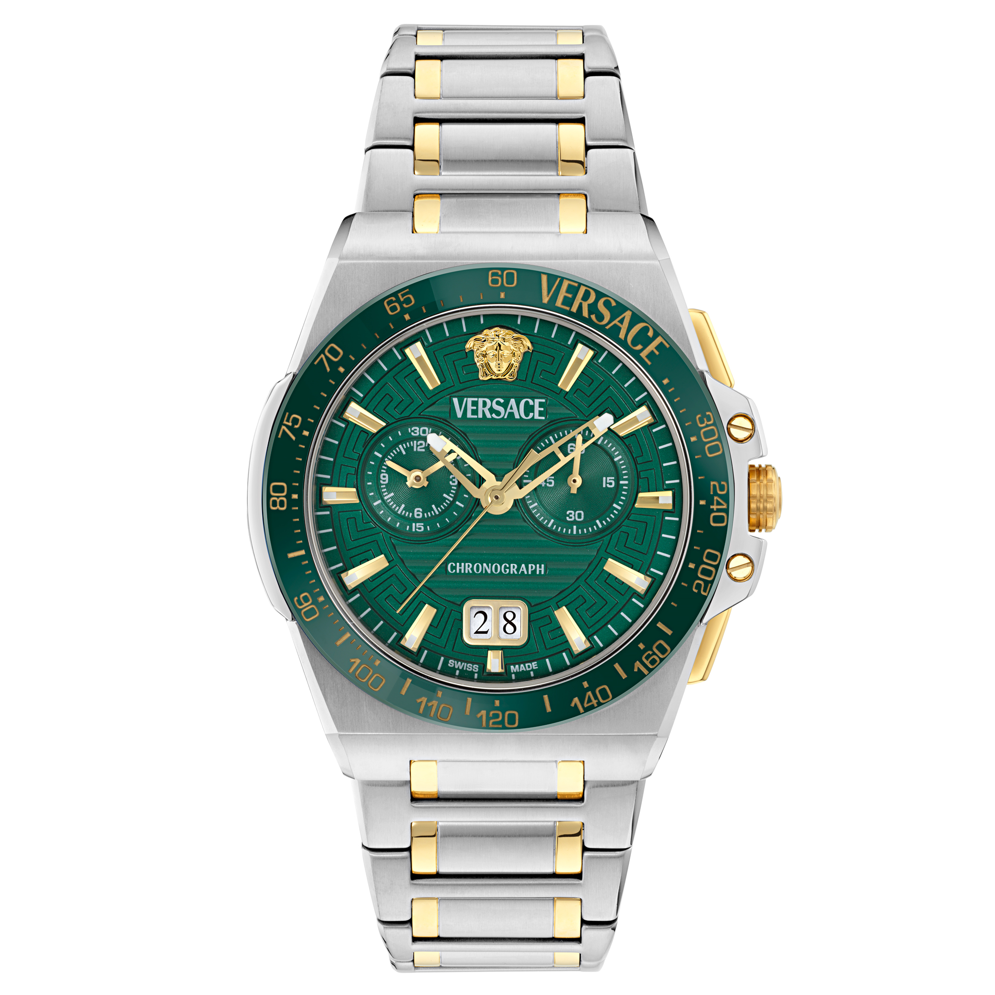 Versace Greca Reaction Chrono Green Guilloche Dial TwoTone Watch 43mm VE5N00426 Versace Greca Reaction Chrono Green Guilloche Dial TwoTone Watch 43mm VE5N00426