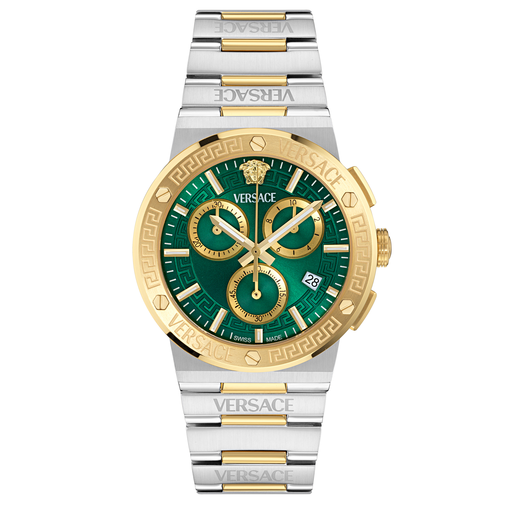 Versace Greca Logo Chrono Green Guilloche Dial TwoTone Watch 40mm VEKMA0425 Versace Greca Logo Chrono Green Guilloche Dial TwoTone Watch 40mm VEKMA0425