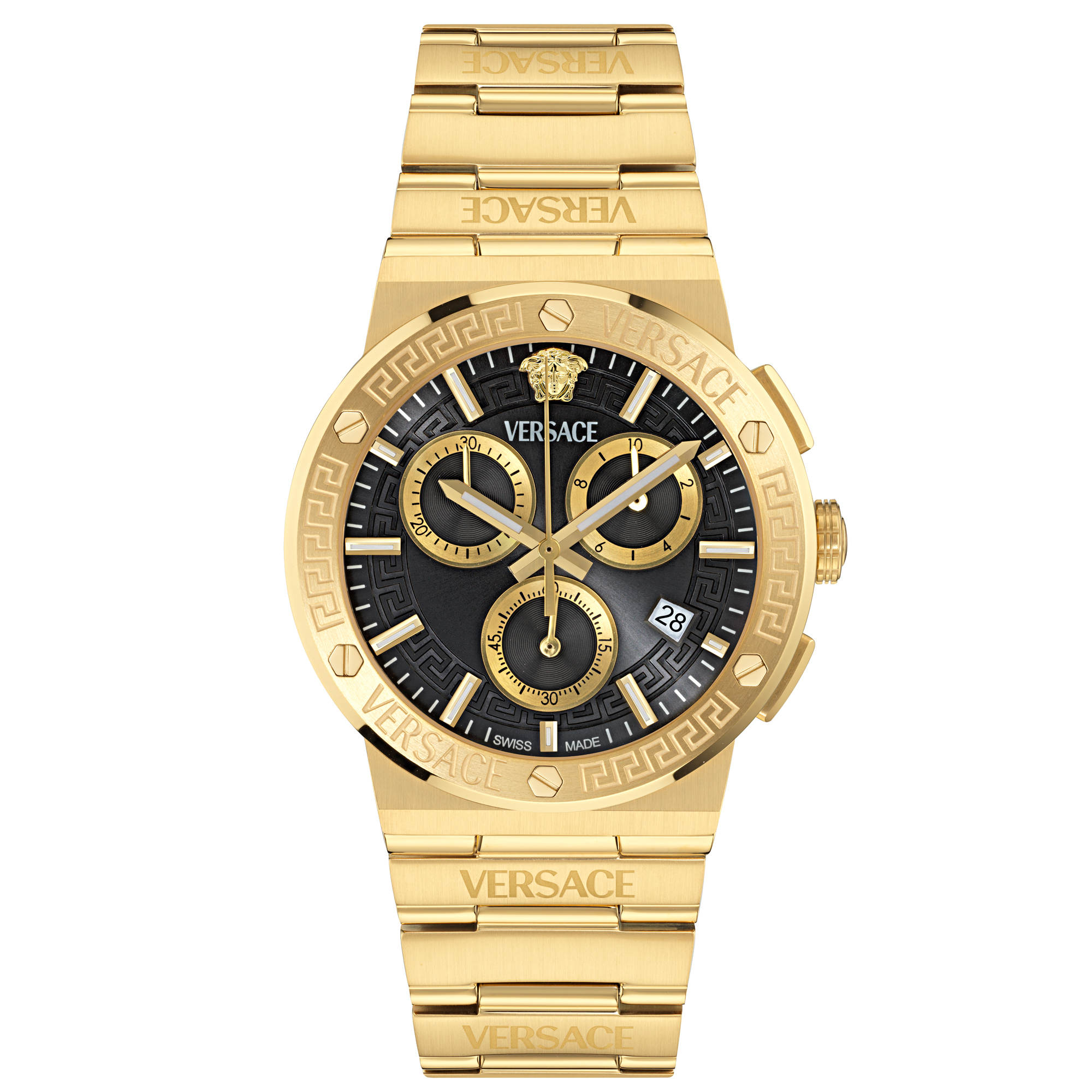 Versace Greca Logo Chrono Black Guilloche Dial GoldPlated Watch 40mm VEKMA0625 Versace Greca Logo Chrono Black Guilloche Dial GoldPlated Watch 40mm VEKMA0625