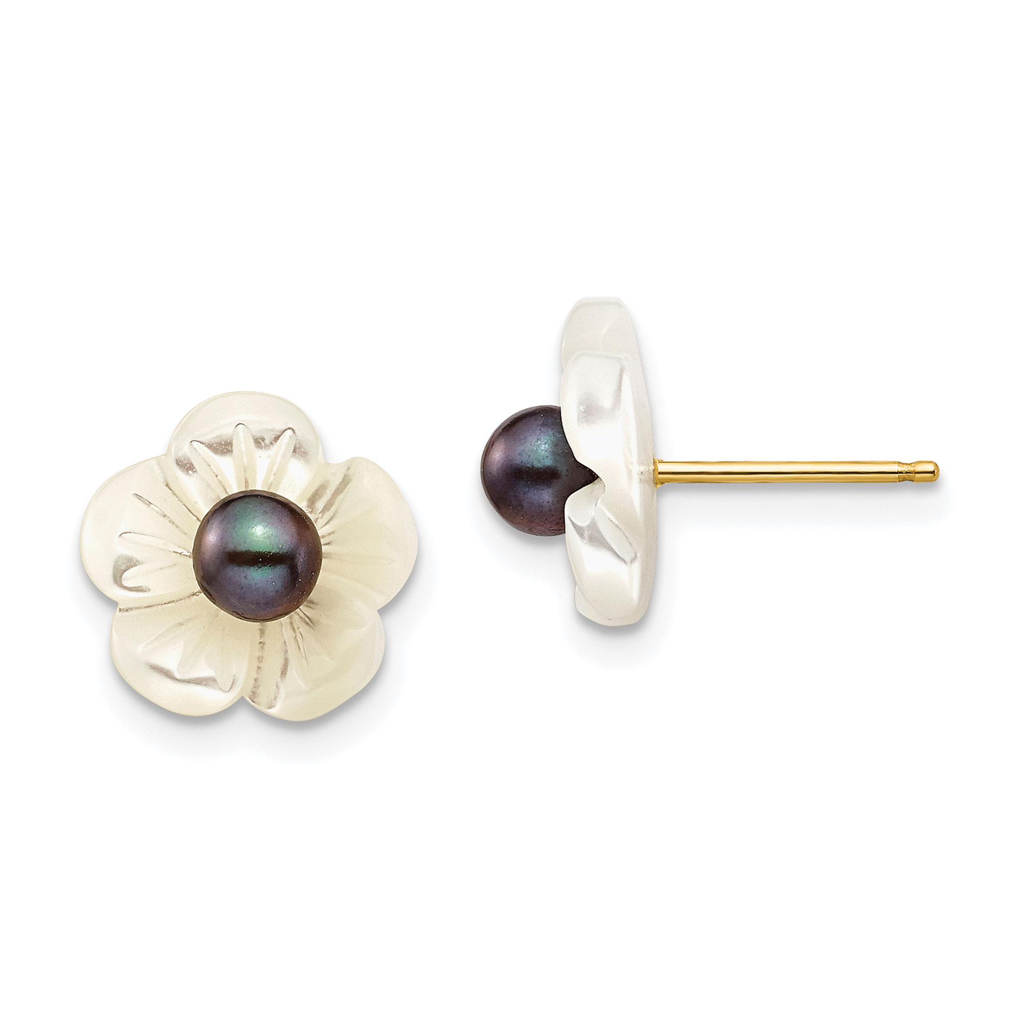 REEDS Black Freshwater Cultured Pearl And Mother-Of-Pearl 14K Yellow Gold Flower Stud Earrings 150$