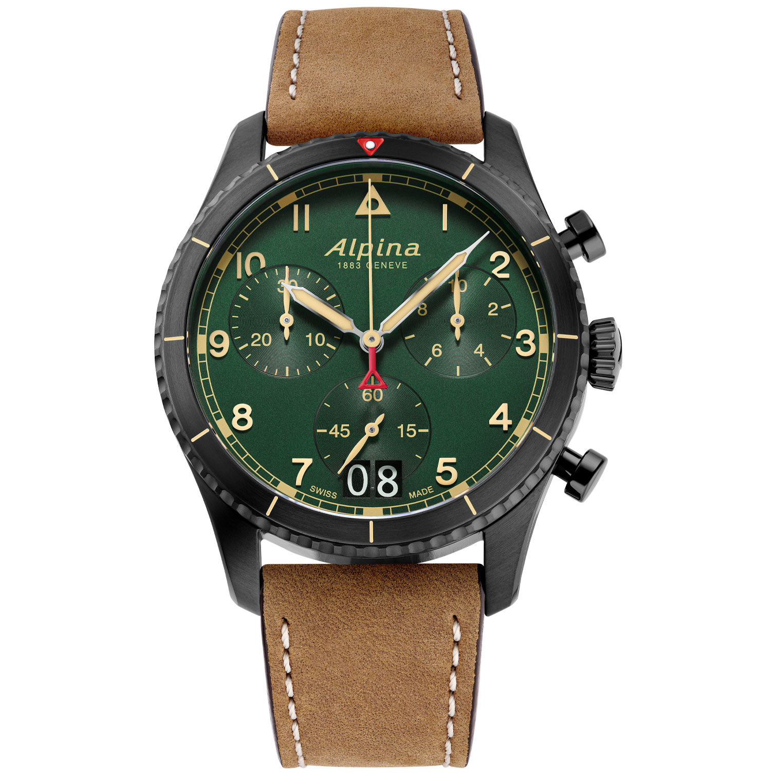 Startimer Pilot Quartz Chronograph Big Date Green Brown Leather Strap Watch | 41mm | - Alpina AL-372GR4FBS26