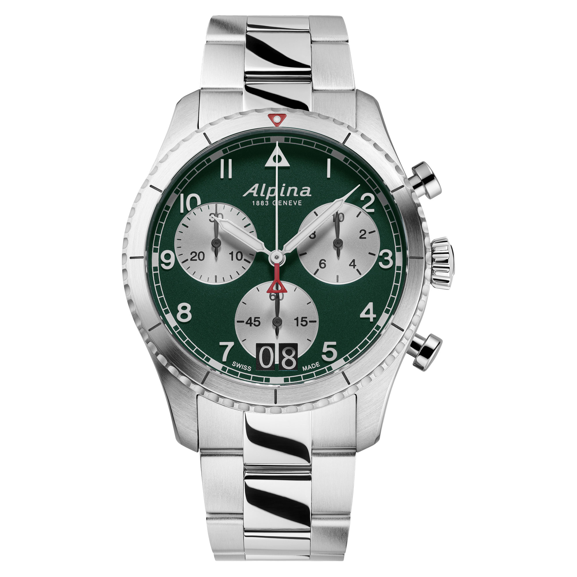 Startimer Pilot Quartz Chronograph Big Date Green Dial and Stainless Steel Bracelet Watch | 41mm | - Alpina AL-372GRS4S26B