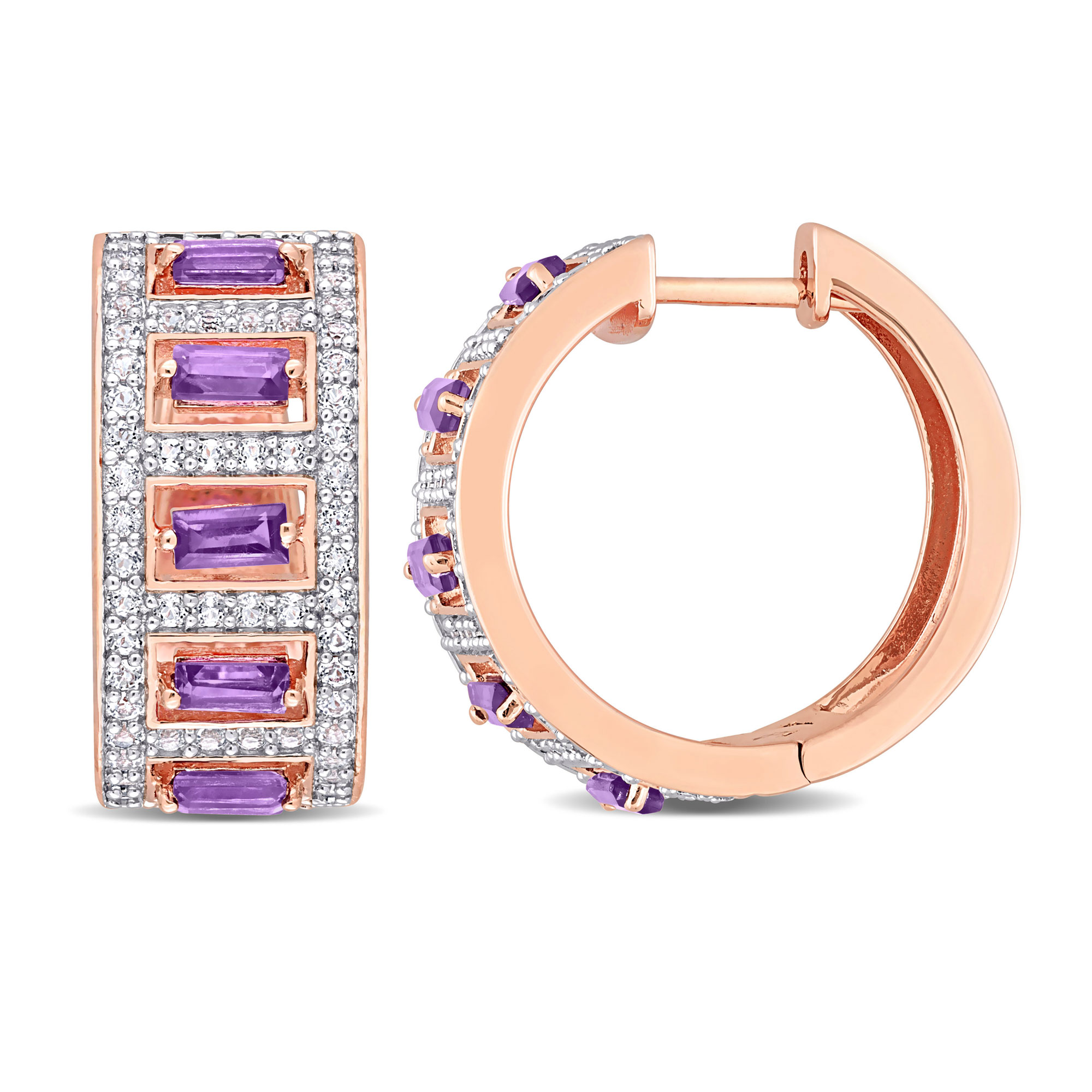 Amethyst and White Topaz Rose Gold-Tone Sterling Silver Huggie Ho