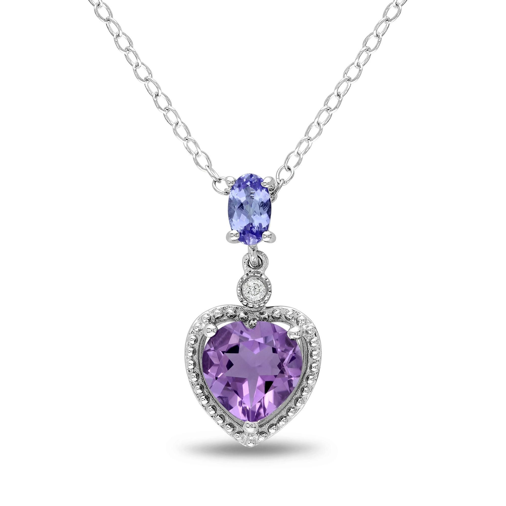 Amethyst, Tanzanite, and Diamond Heart Drop Pendant